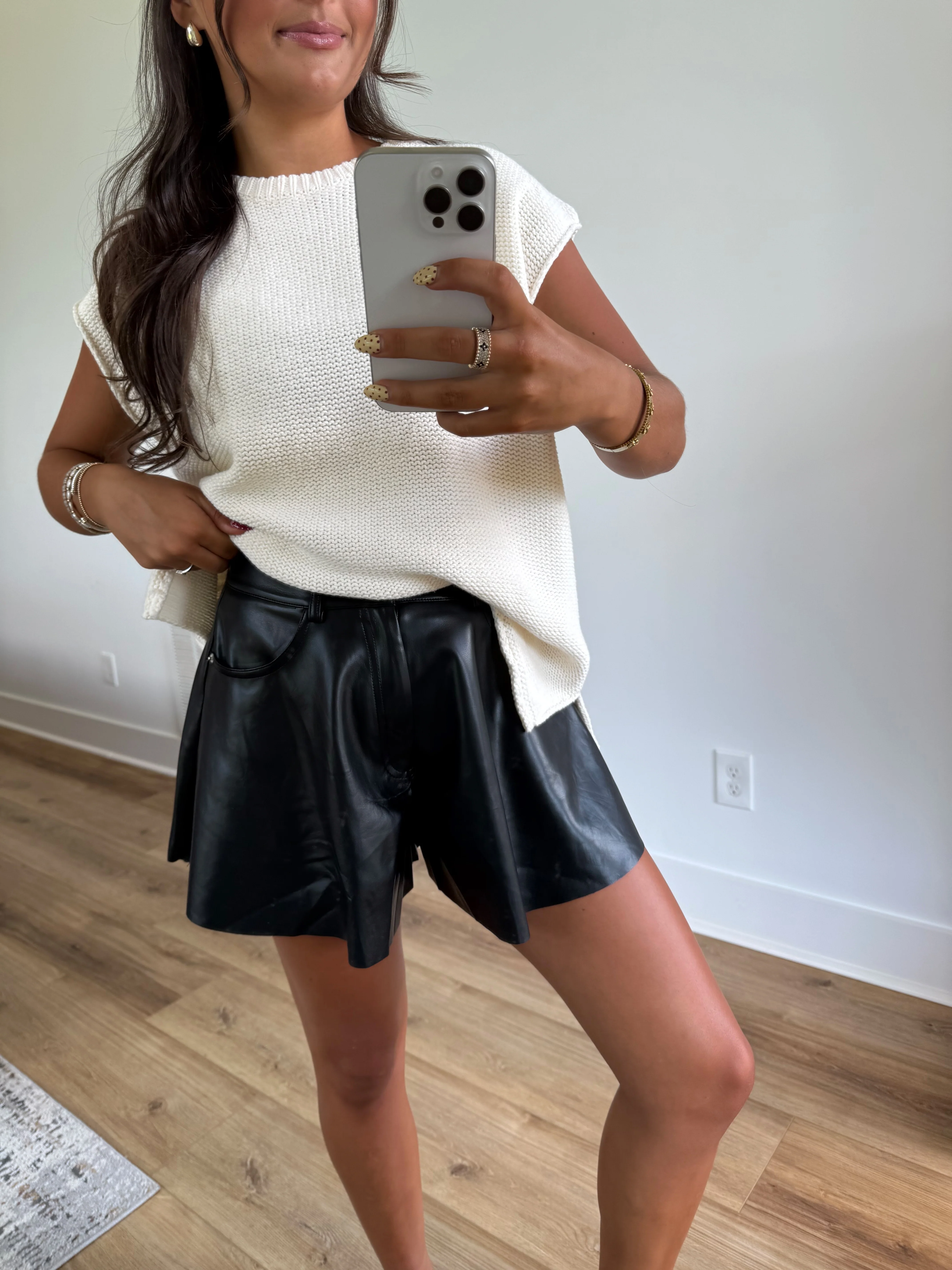 Black Leather Flare Shorts - Image 2