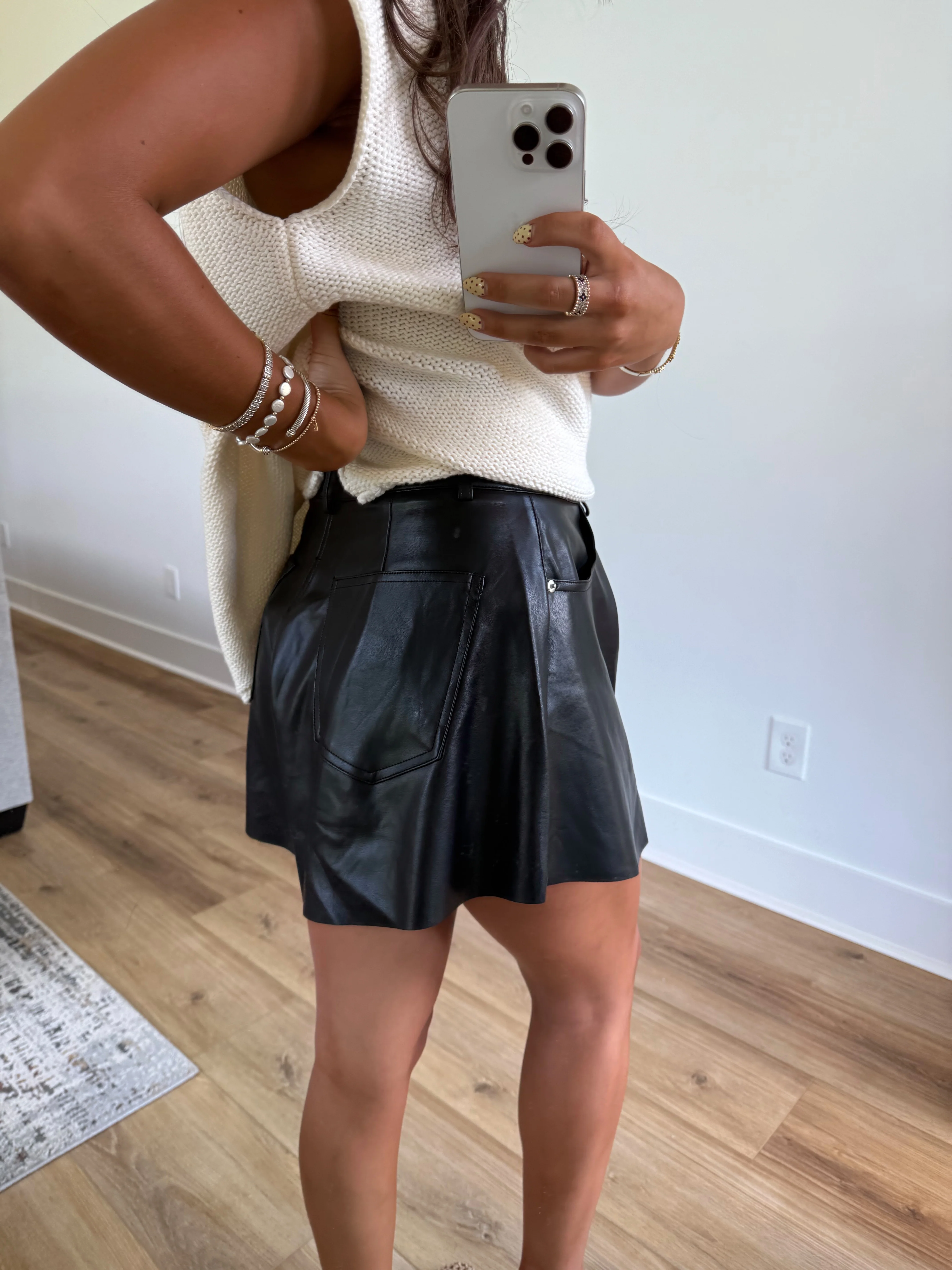Black Leather Flare Shorts - Image 3