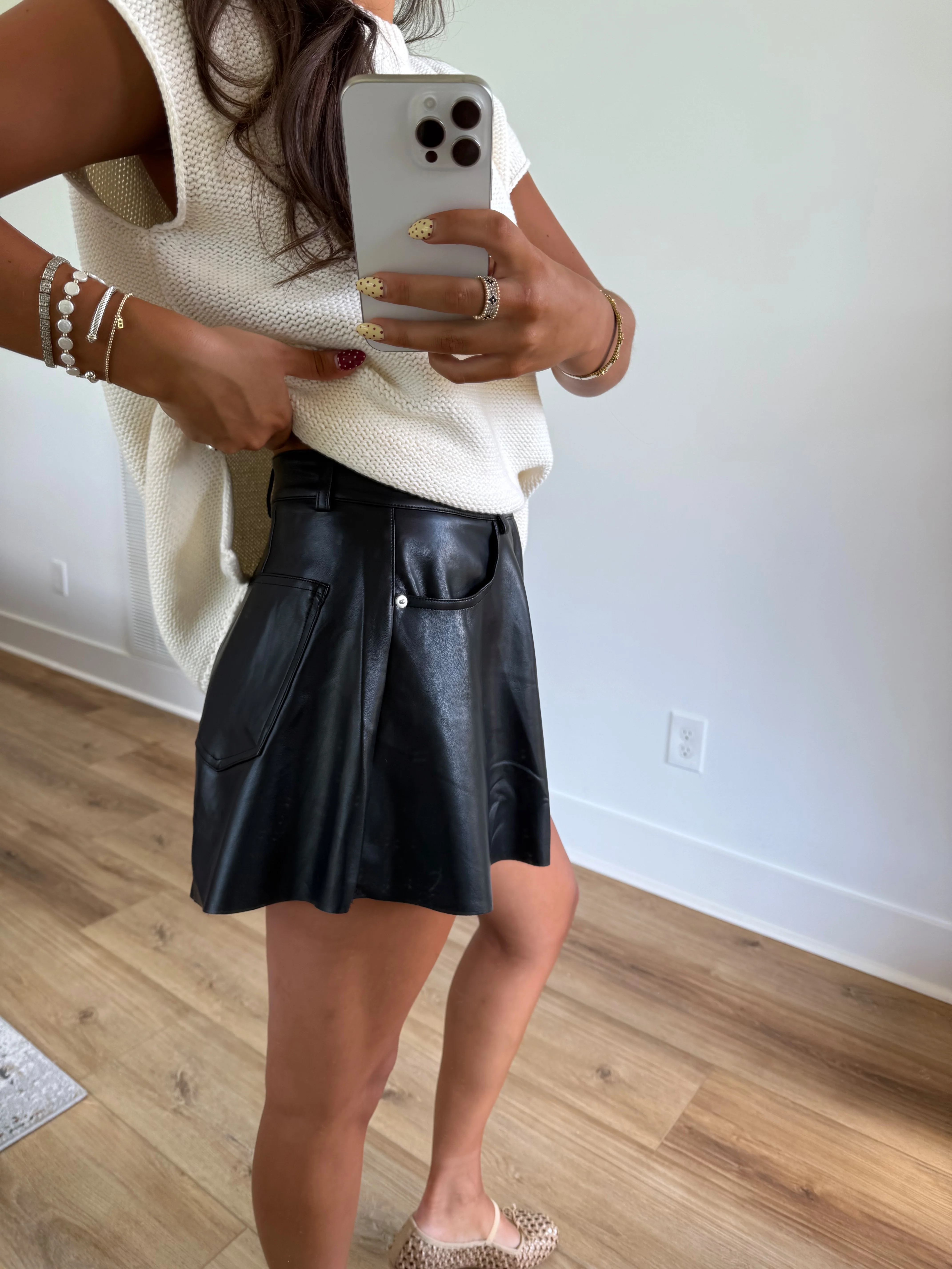 Black Leather Flare Shorts - Image 4