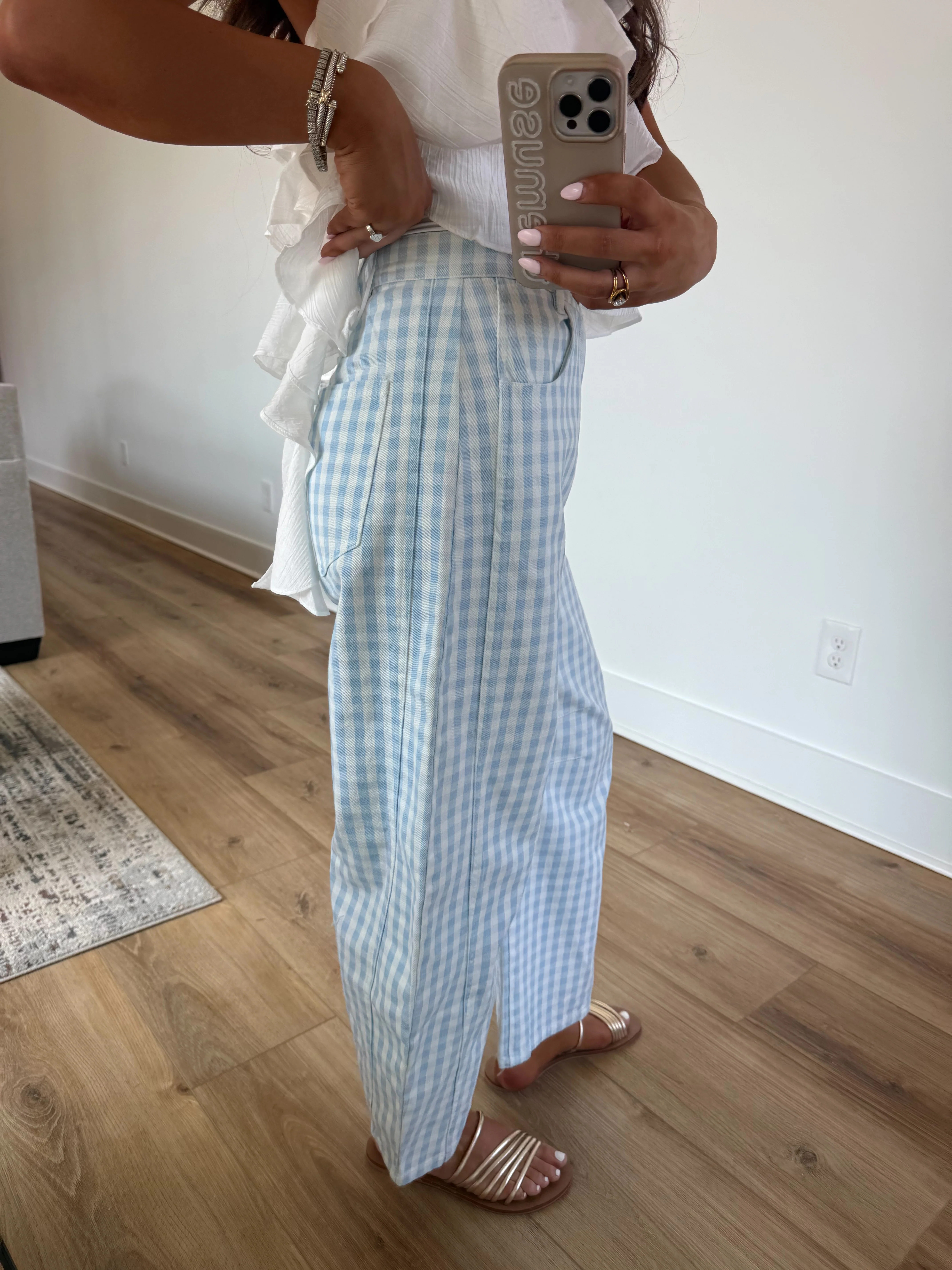 Blue Gingham Barrel Jeans - Image 2