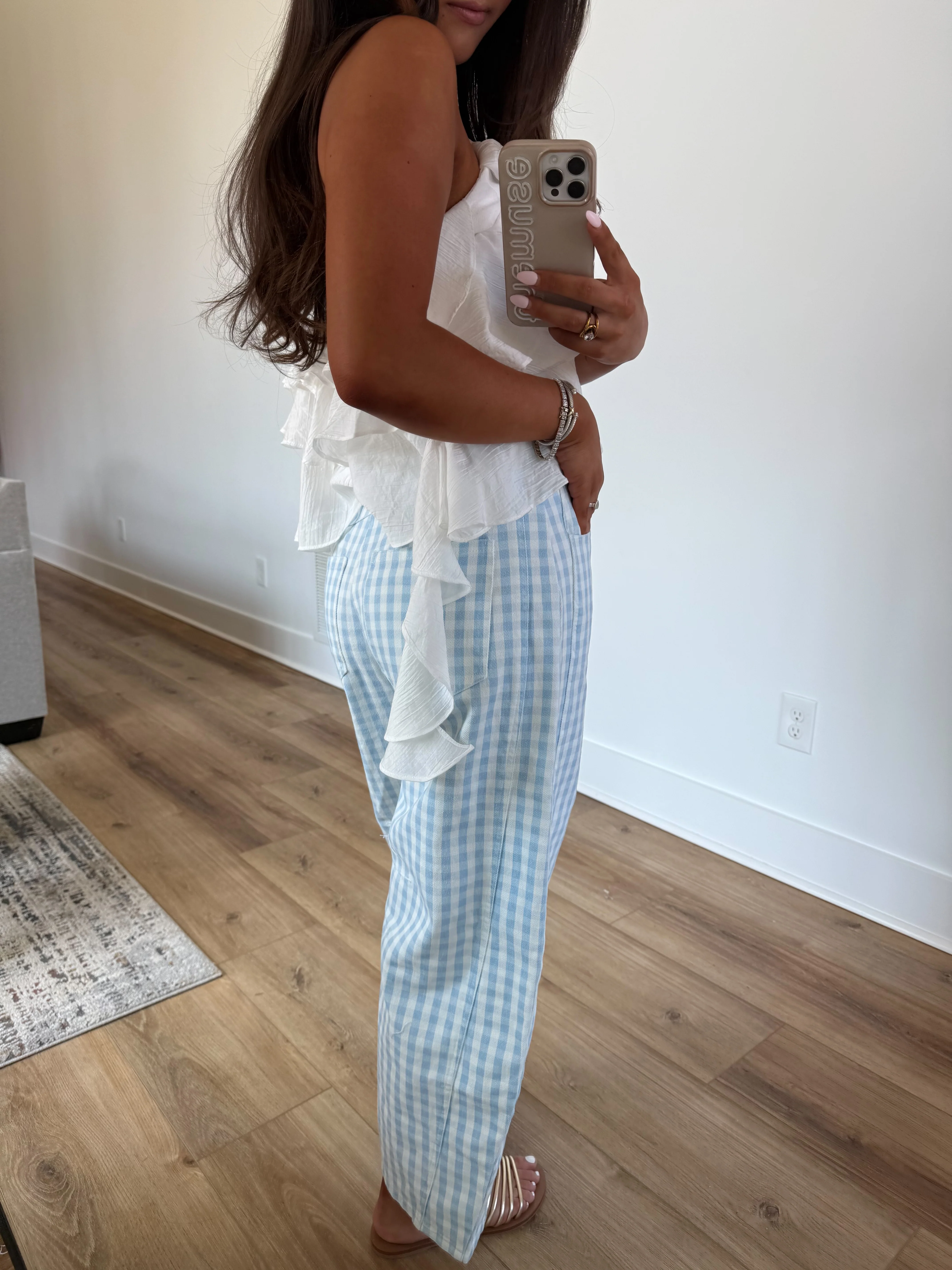 Blue Gingham Barrel Jeans - Image 3