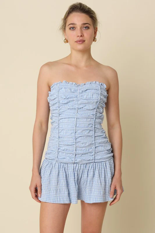 Blue Gingham Ruched Mini Dress (PETITE) - Image 5