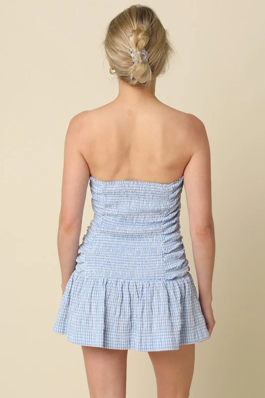 Blue Gingham Ruched Mini Dress (PETITE) - Image 6