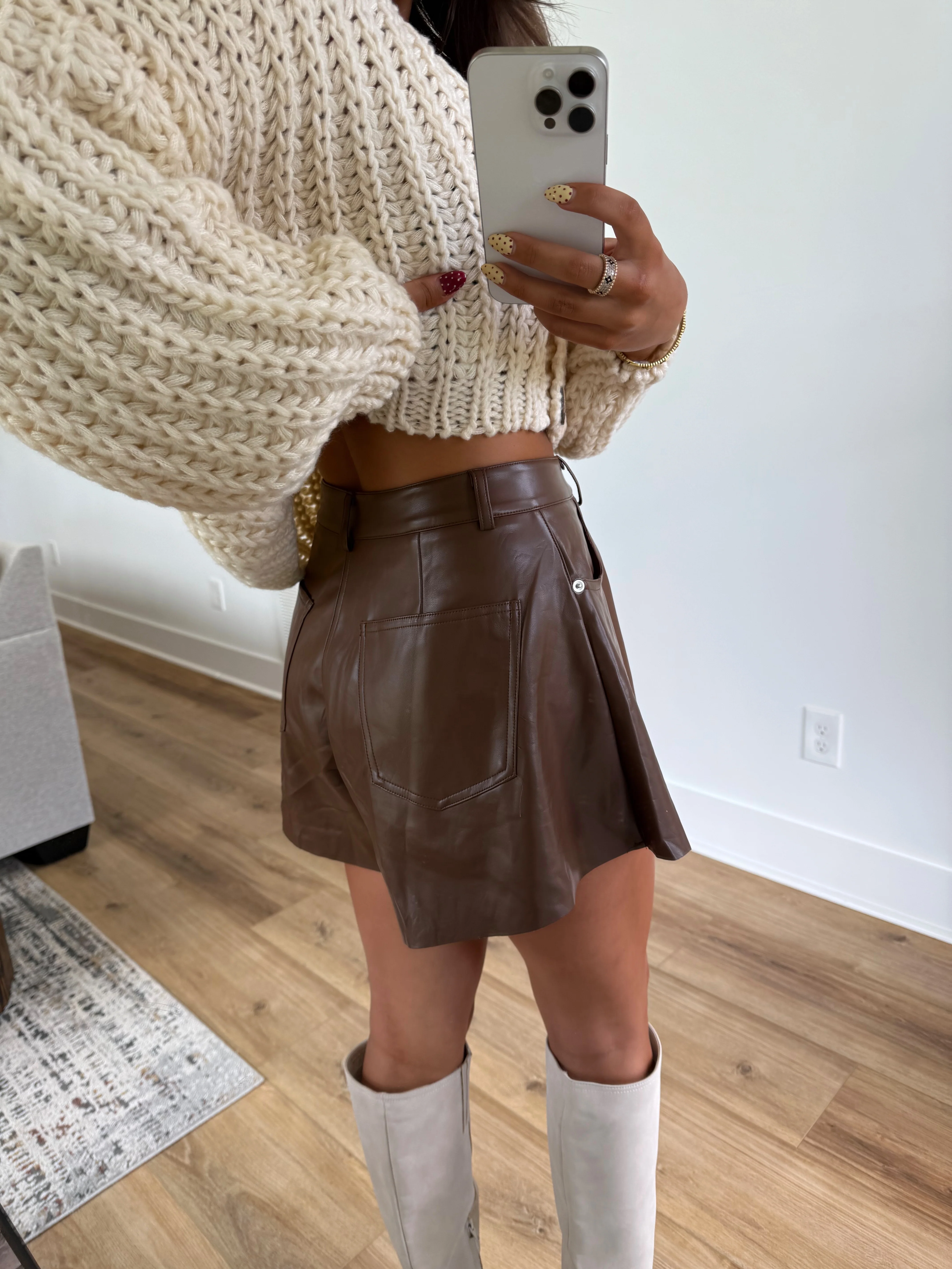 Brown Leather Flare Shorts (Restock) - Image 3