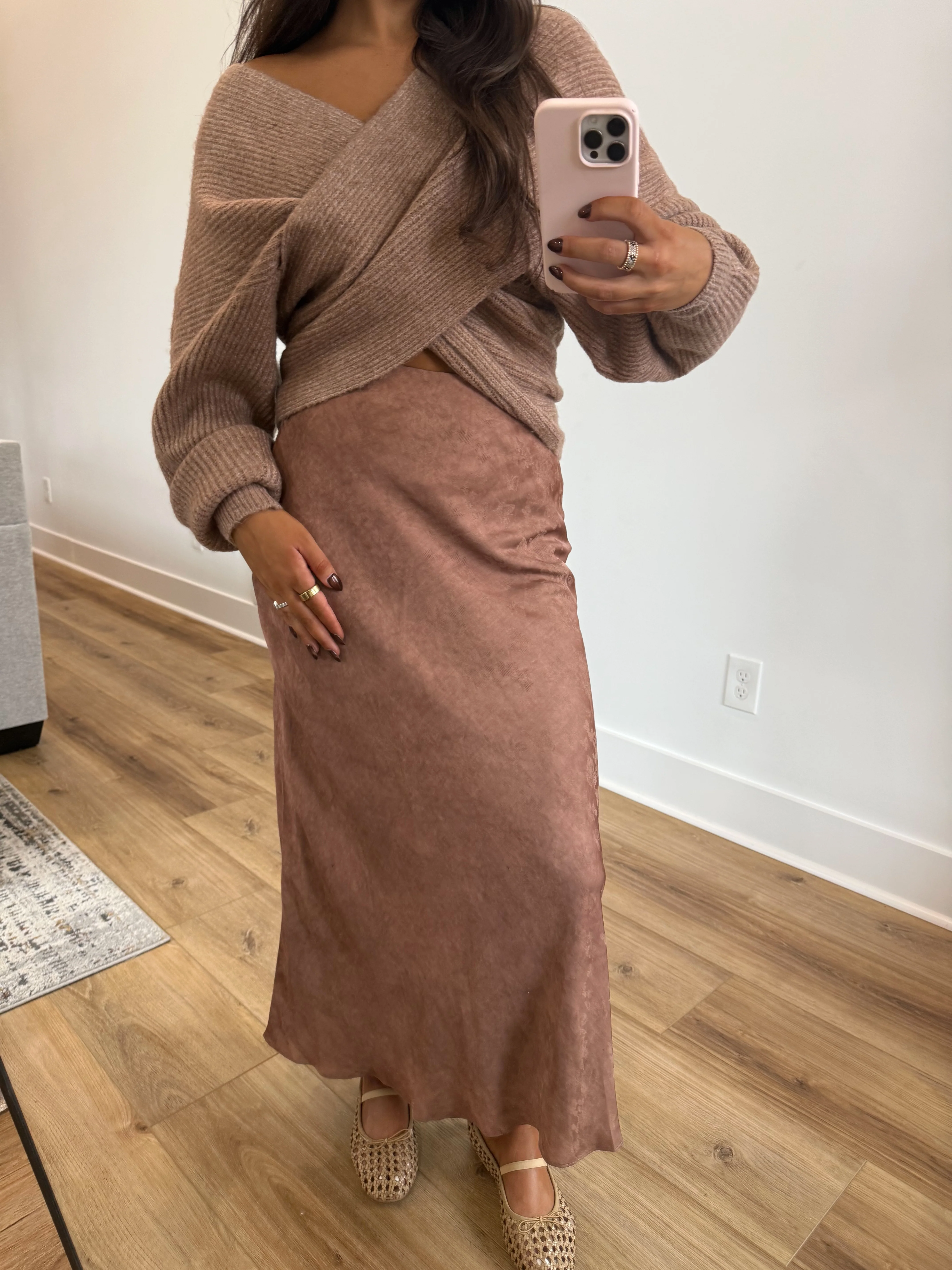 Brown Satin Floral Midi