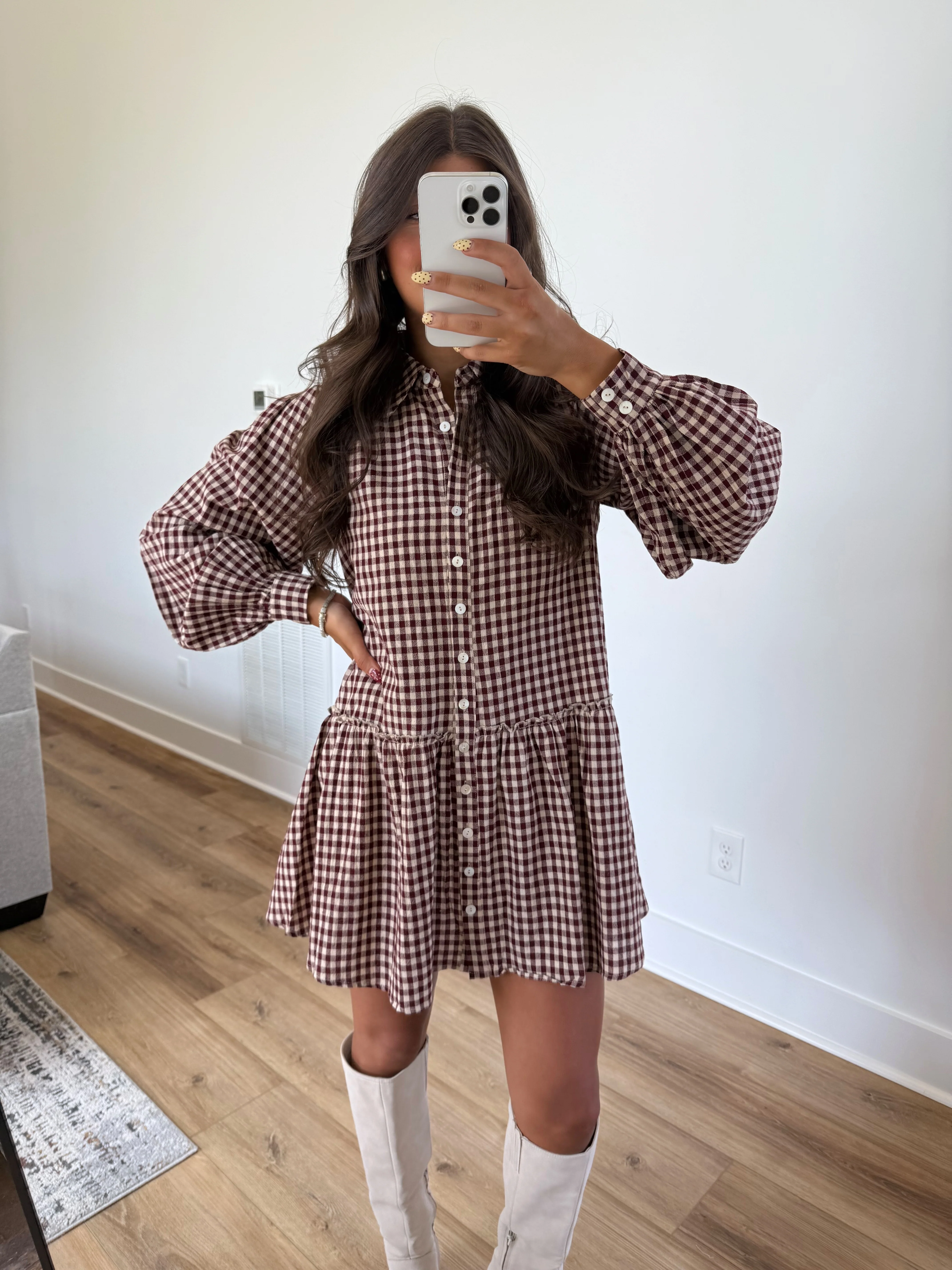 Burgundy Gingham Mini Dress - Image 2