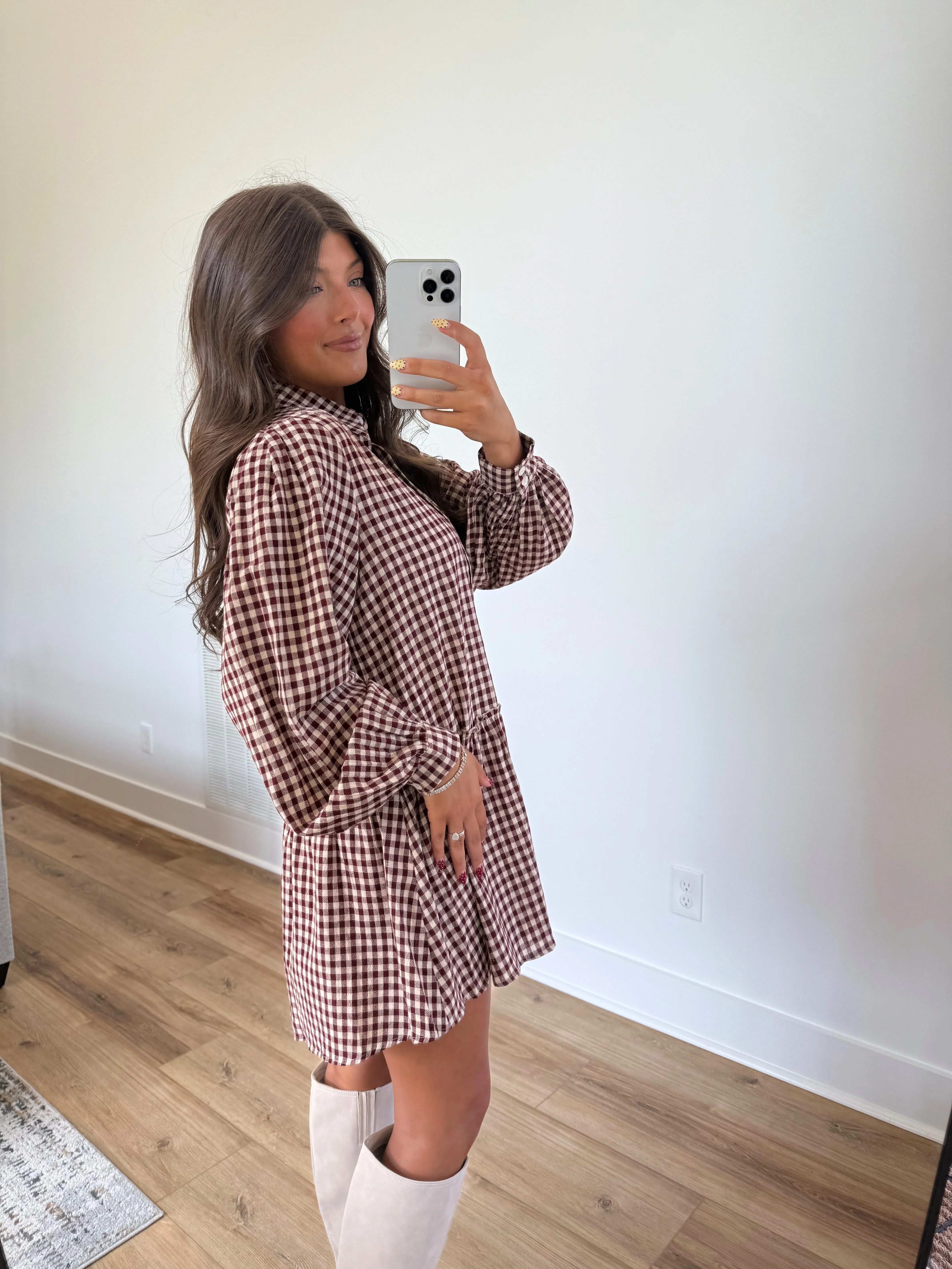 Burgundy Gingham Mini Dress - Image 3