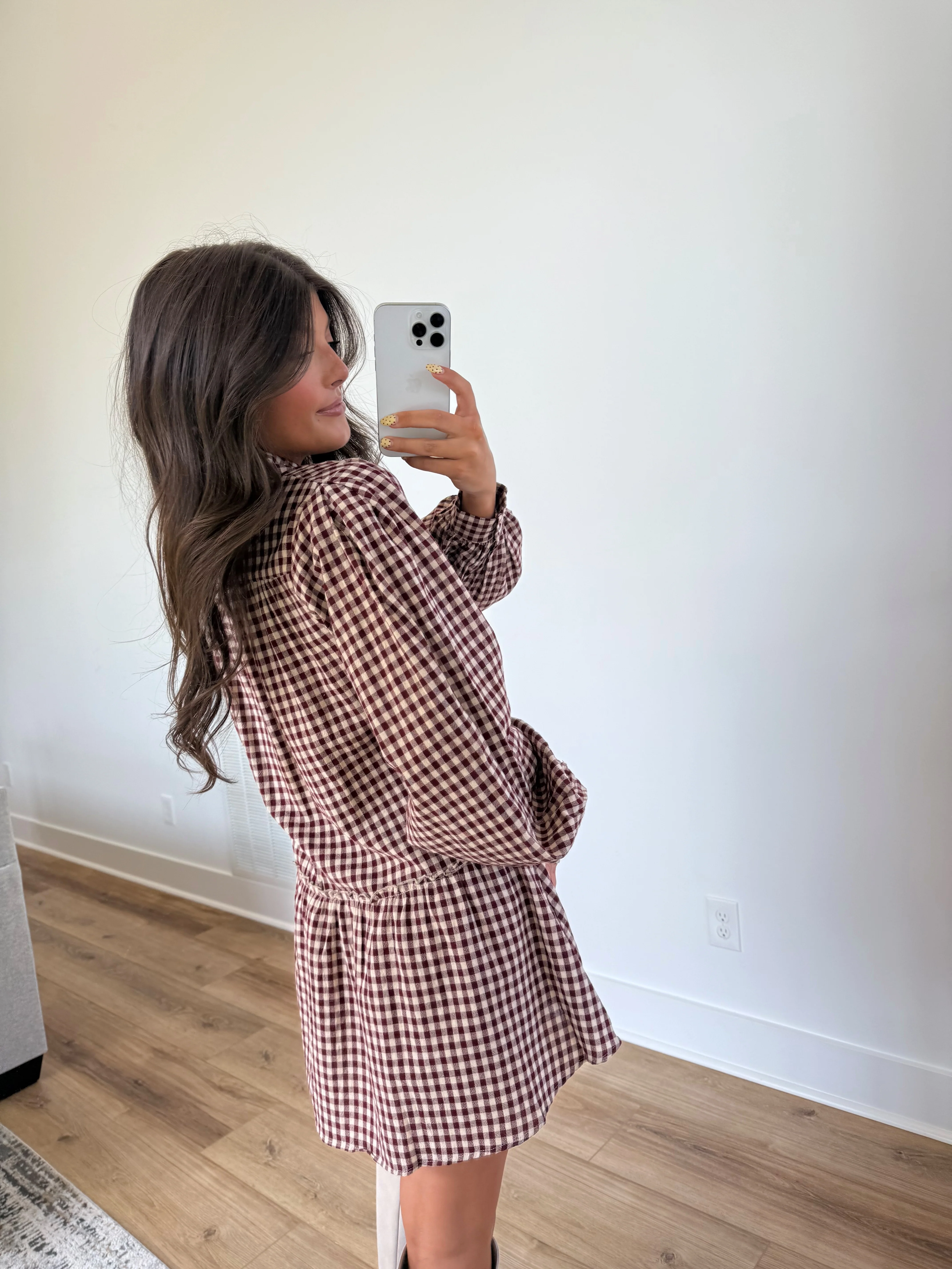 Burgundy Gingham Mini Dress - Image 5