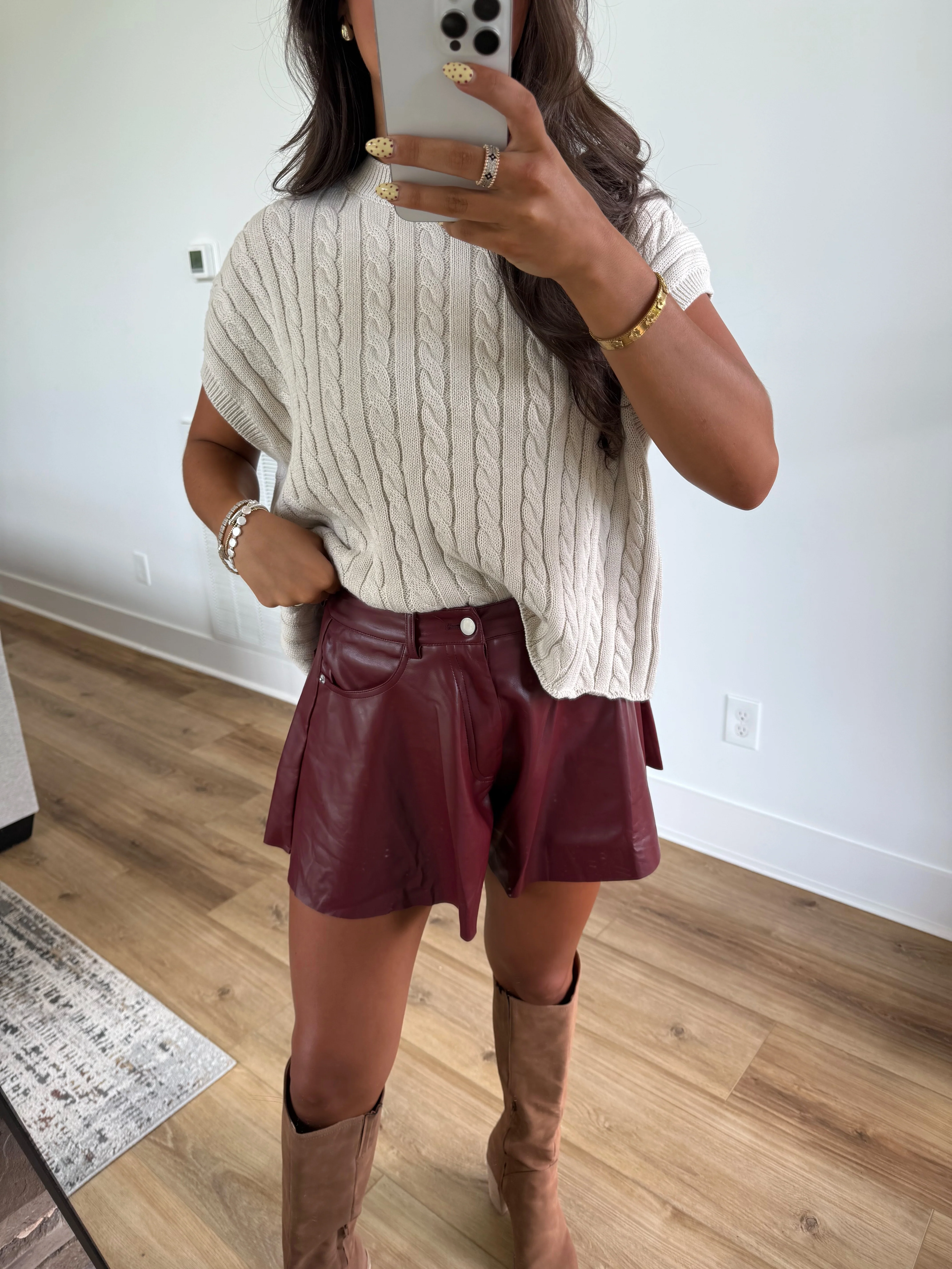 Burgundy Leather Flare Shorts - Image 3