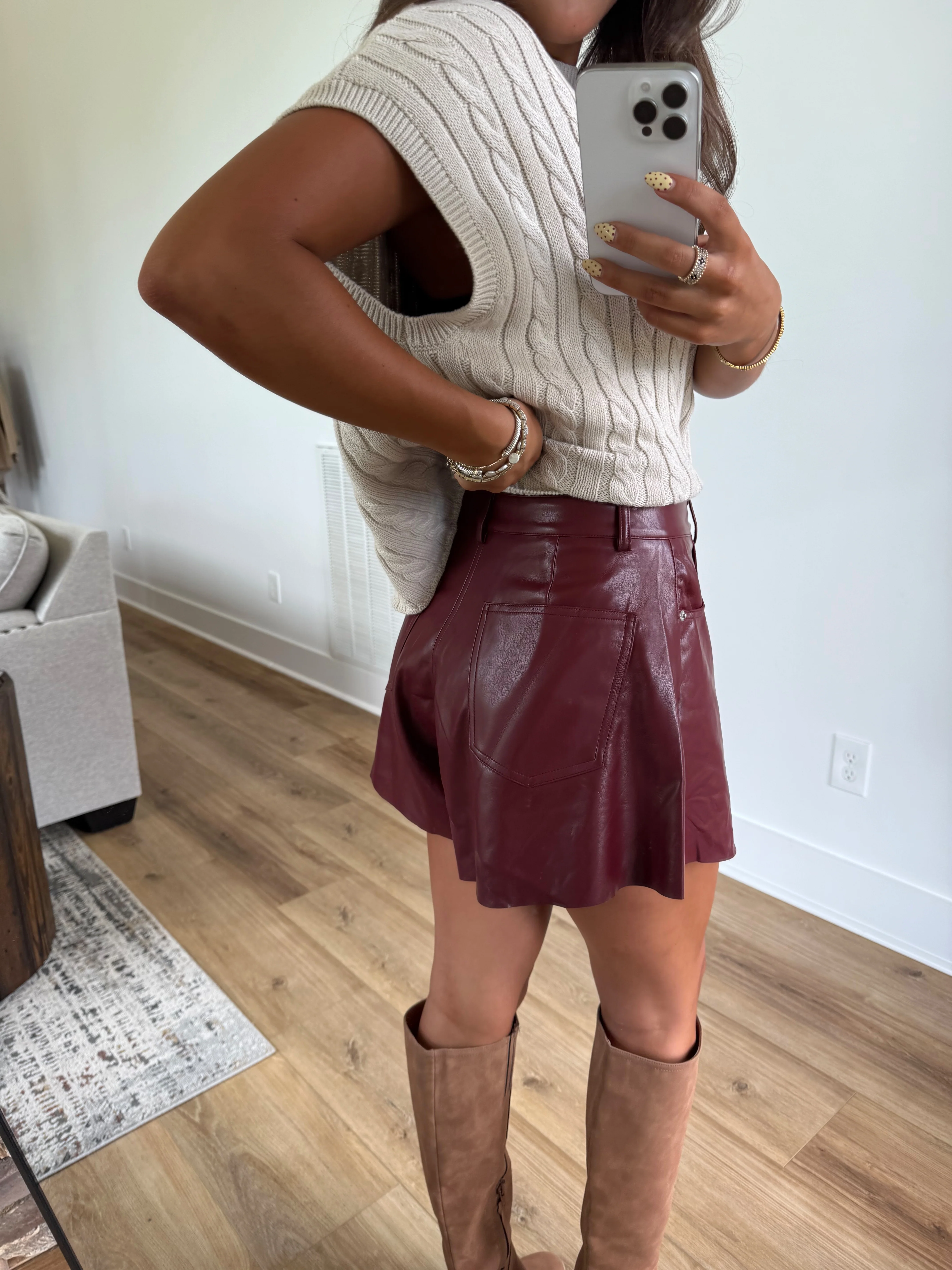 Burgundy Leather Flare Shorts - Image 4