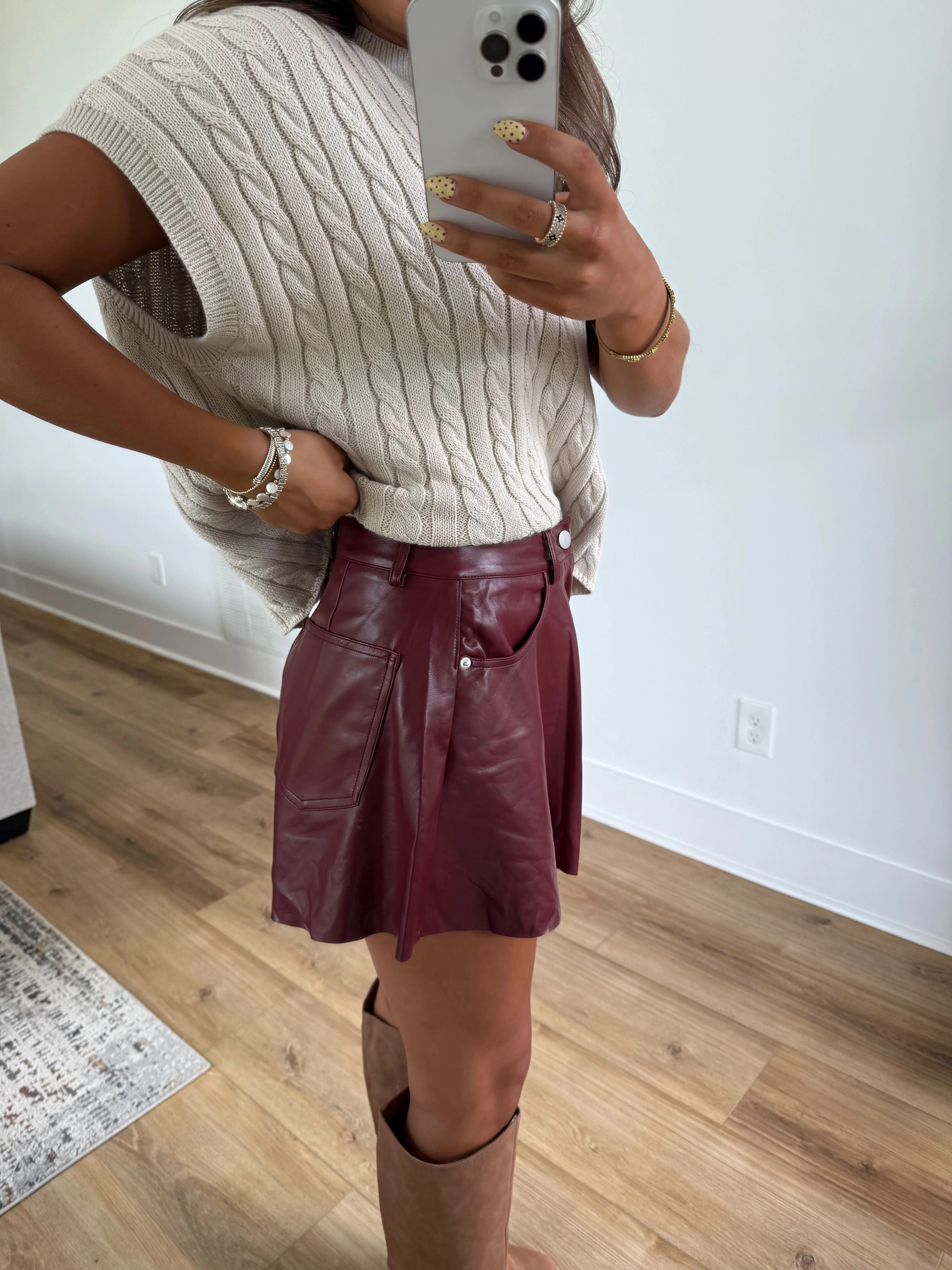 Burgundy Leather Flare Shorts - Image 5