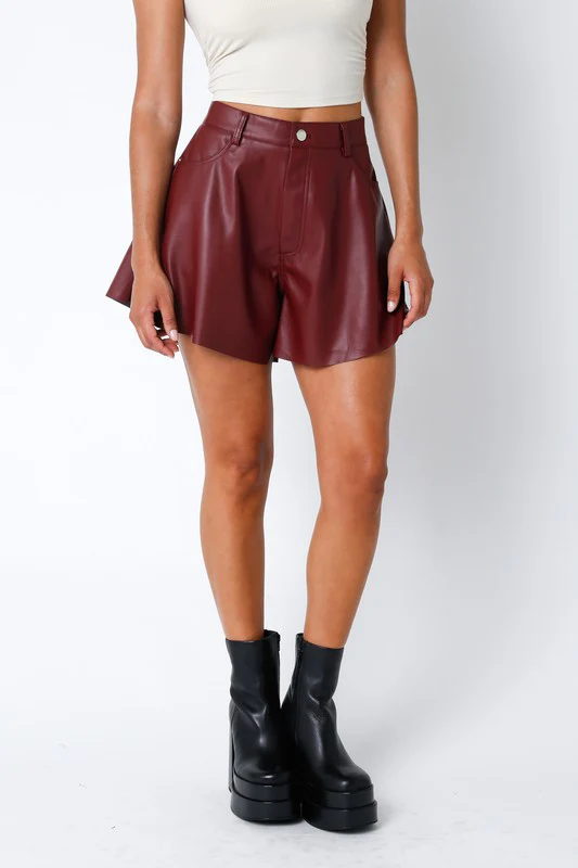 Burgundy Leather Flare Shorts - Image 6