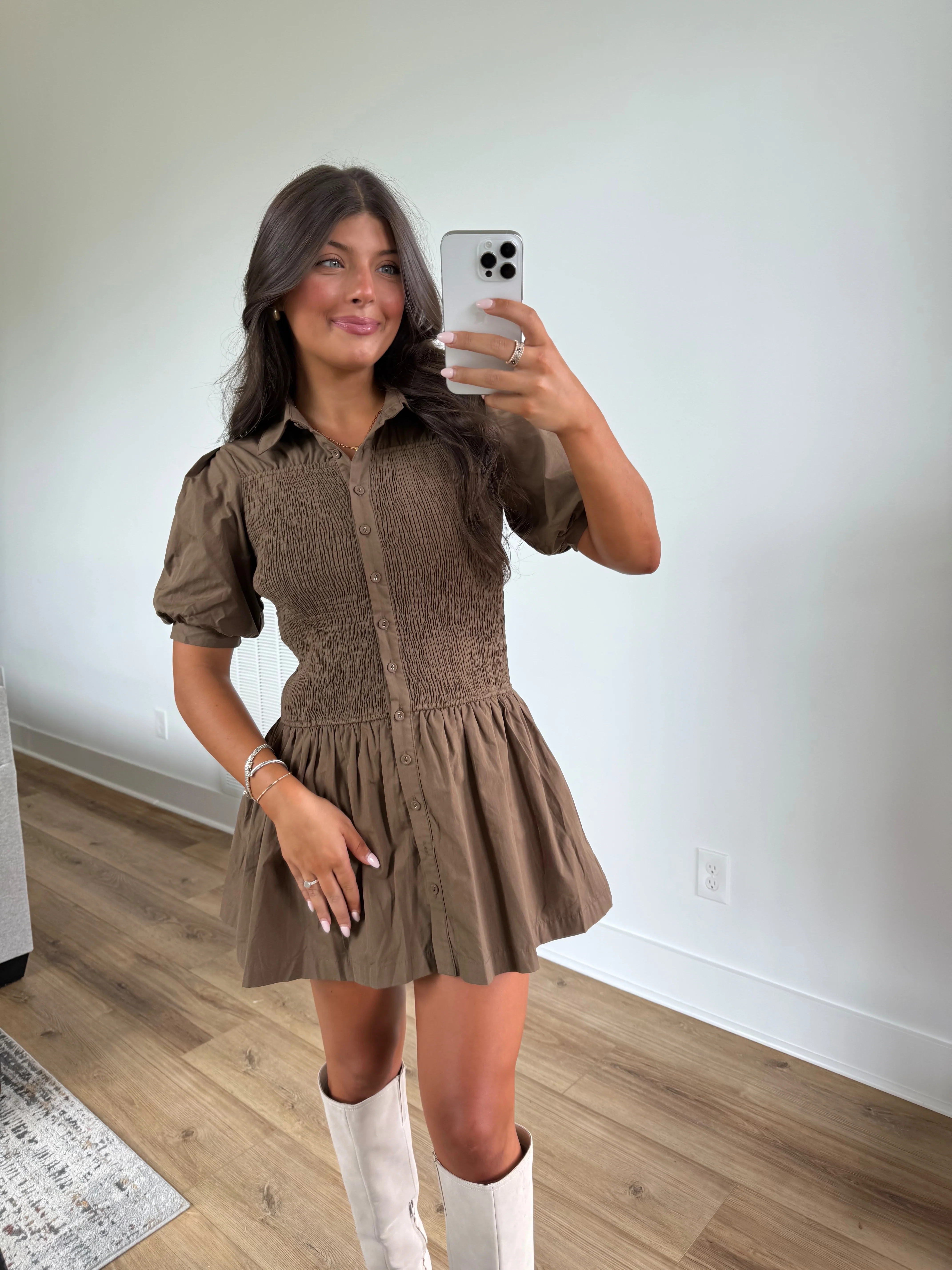 Chestnut Smocked Mini Dress (Restock)