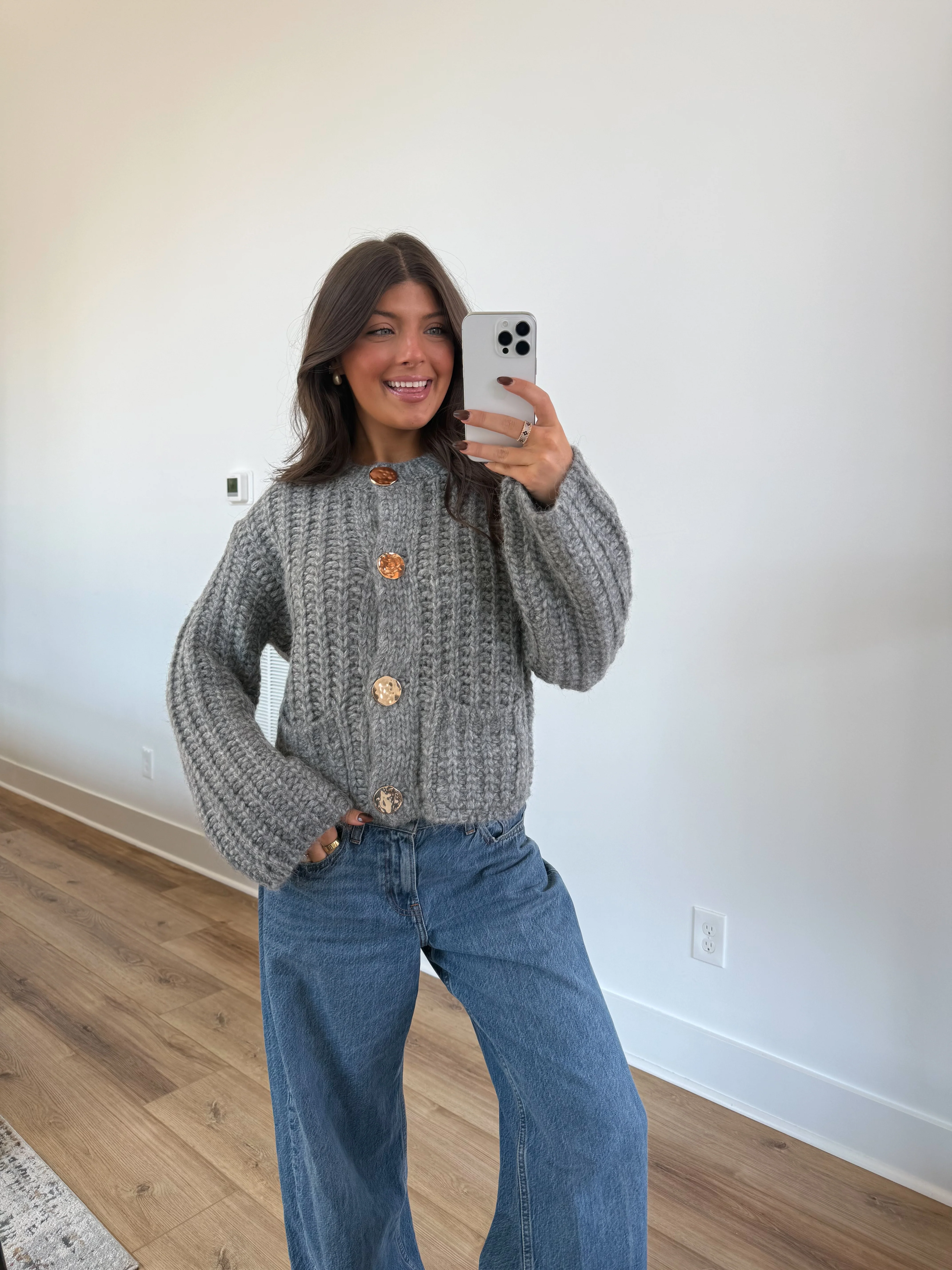 Chunky Grey Button Cardigan - Image 2