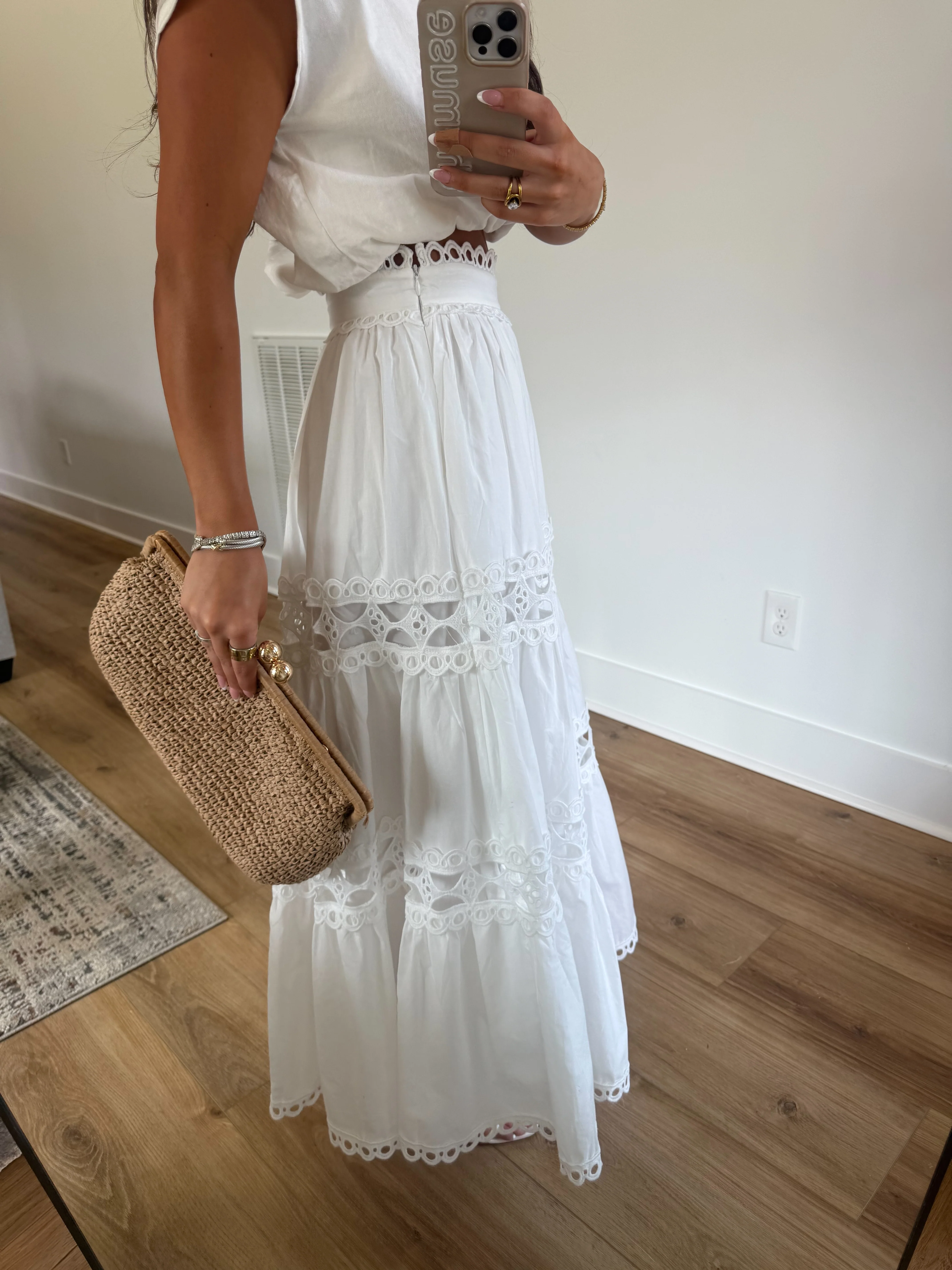 Classic Eyelet Midi Skirt (White) - Image 2