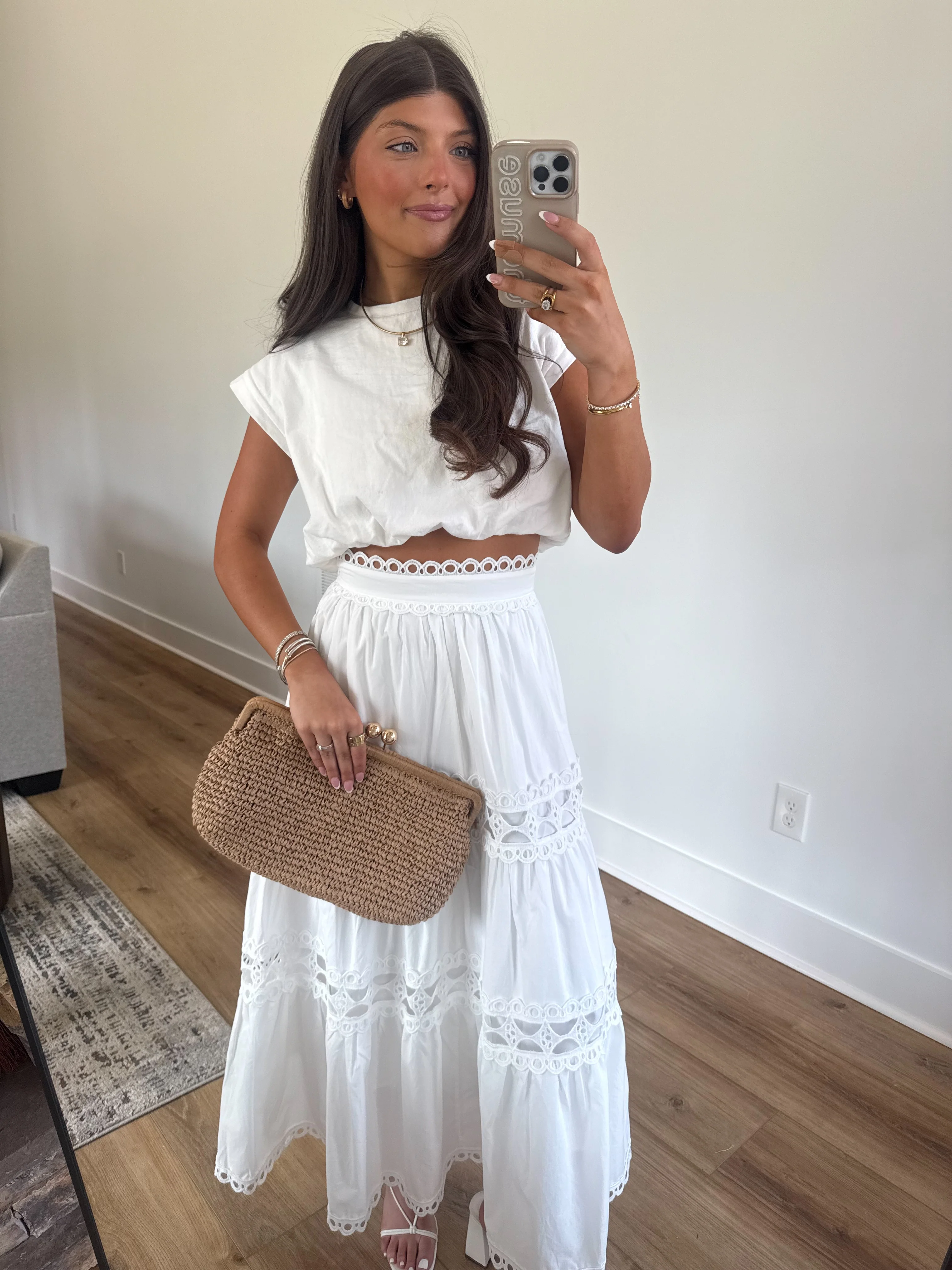 Classic Eyelet Midi Skirt (White) - Image 3