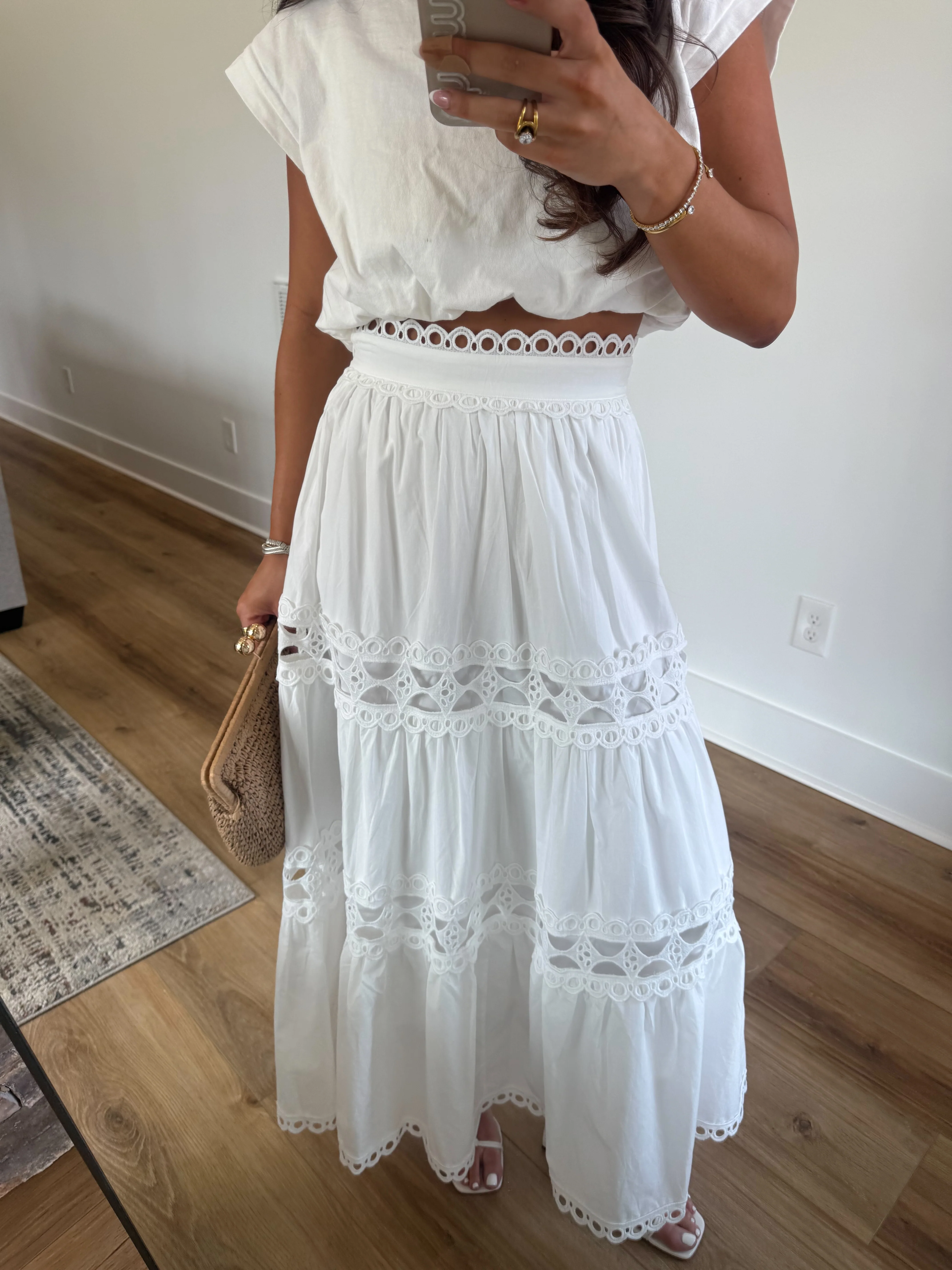 Classic Eyelet Midi Skirt (White) - Image 5