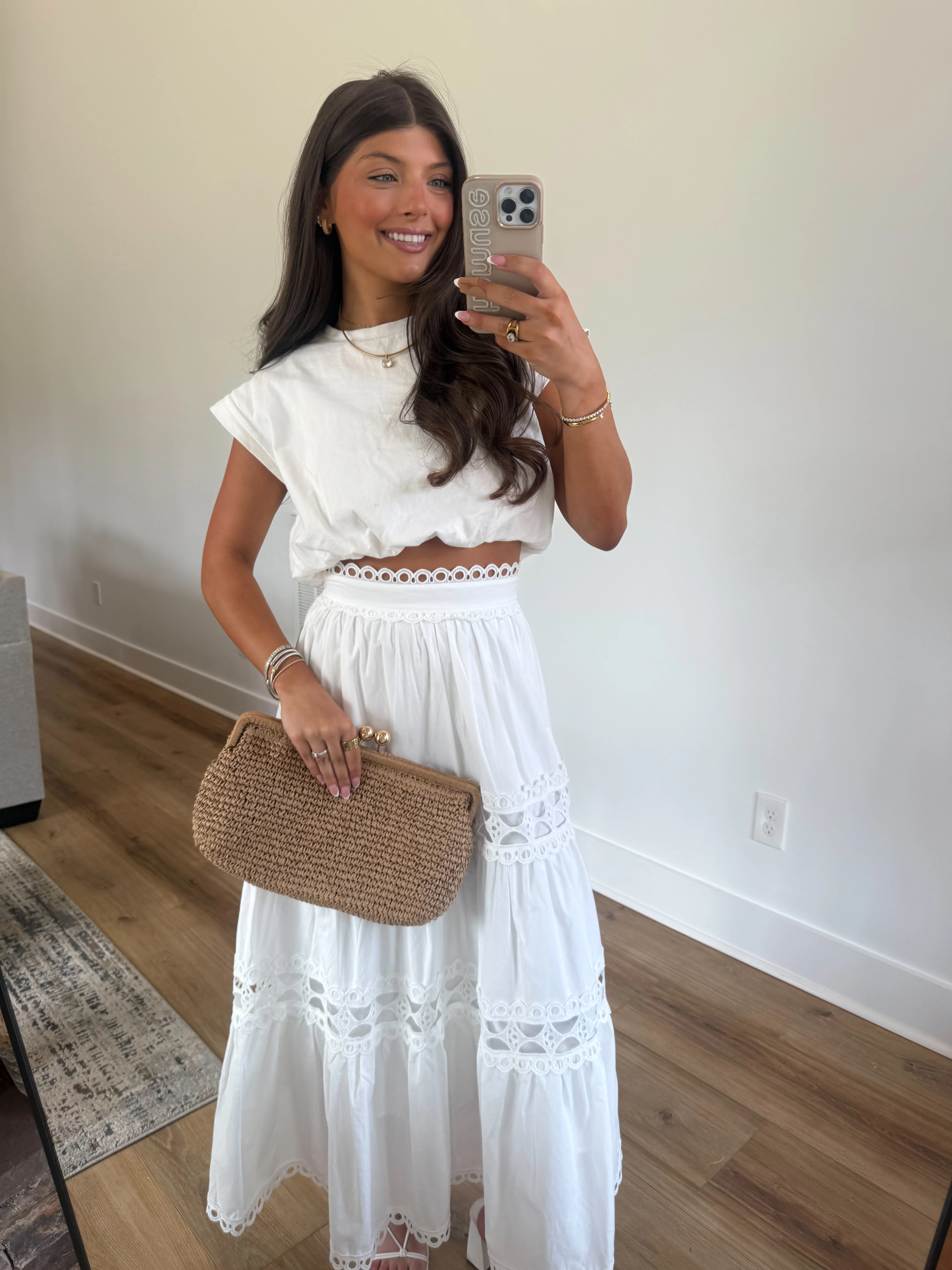 Classic Eyelet Midi Skirt (White) - Image 6