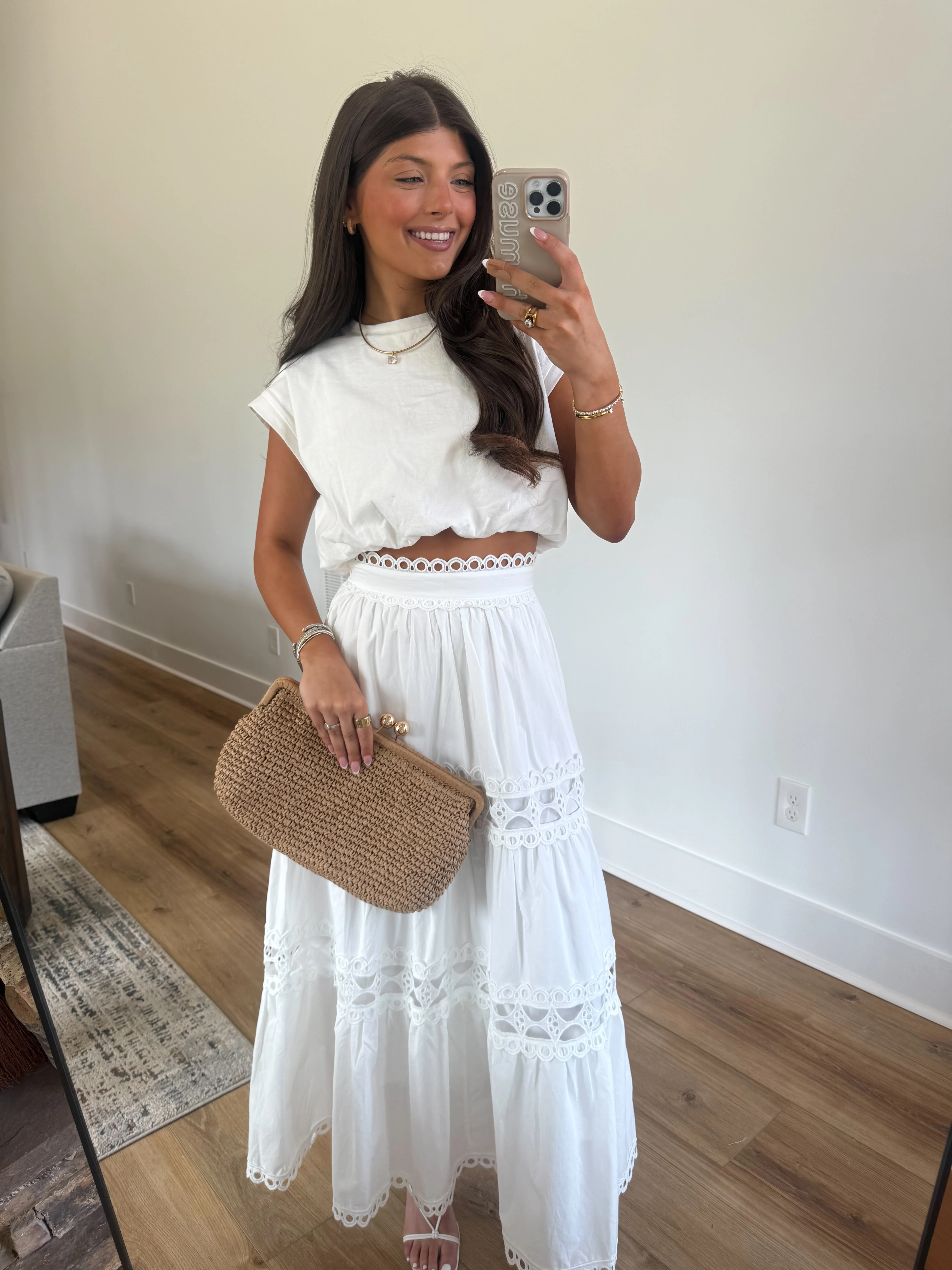 Classic Eyelet Midi Skirt (White) - Image 7