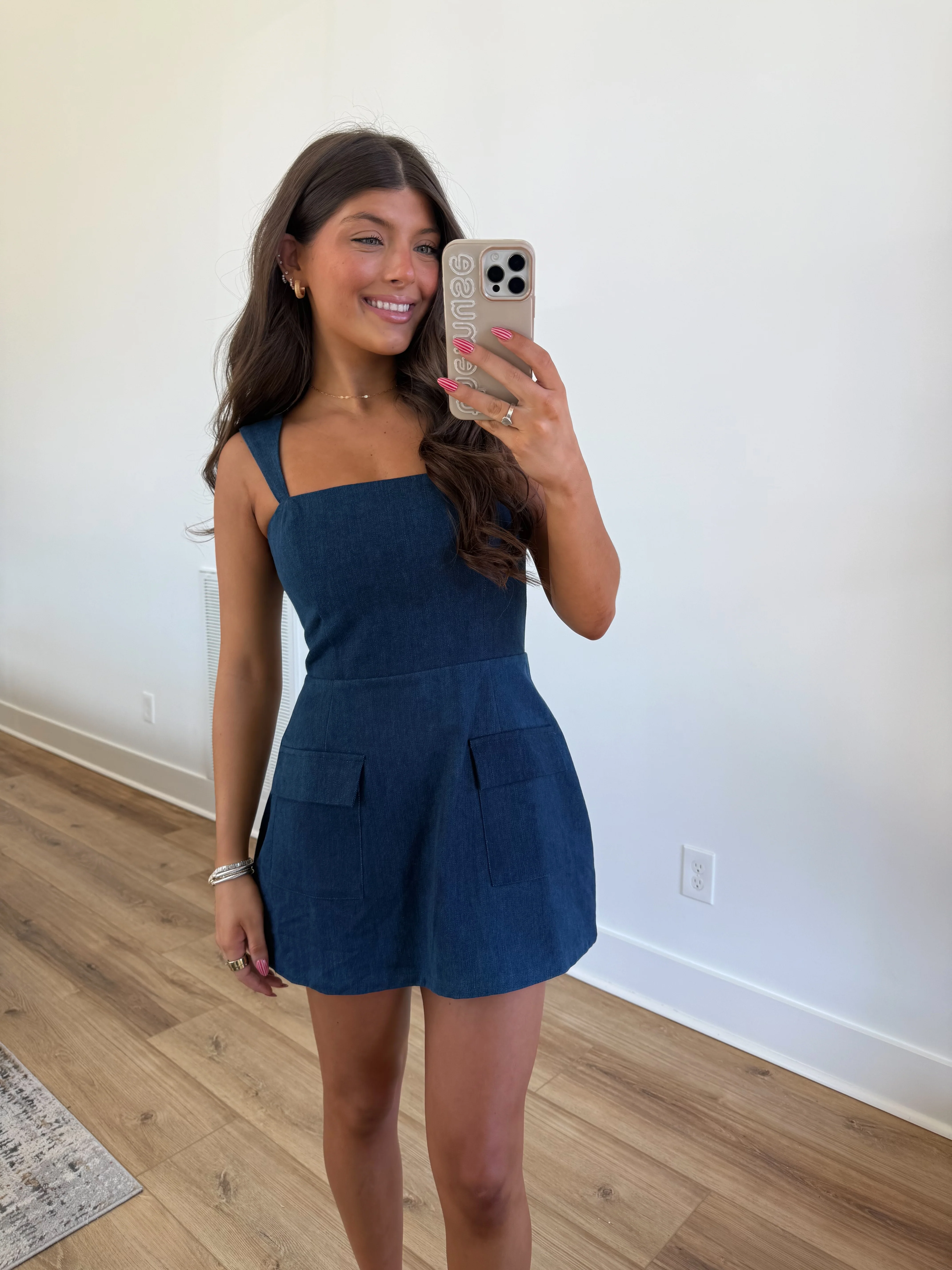 Denim Mini Dress (Dark Wash) - Image 2