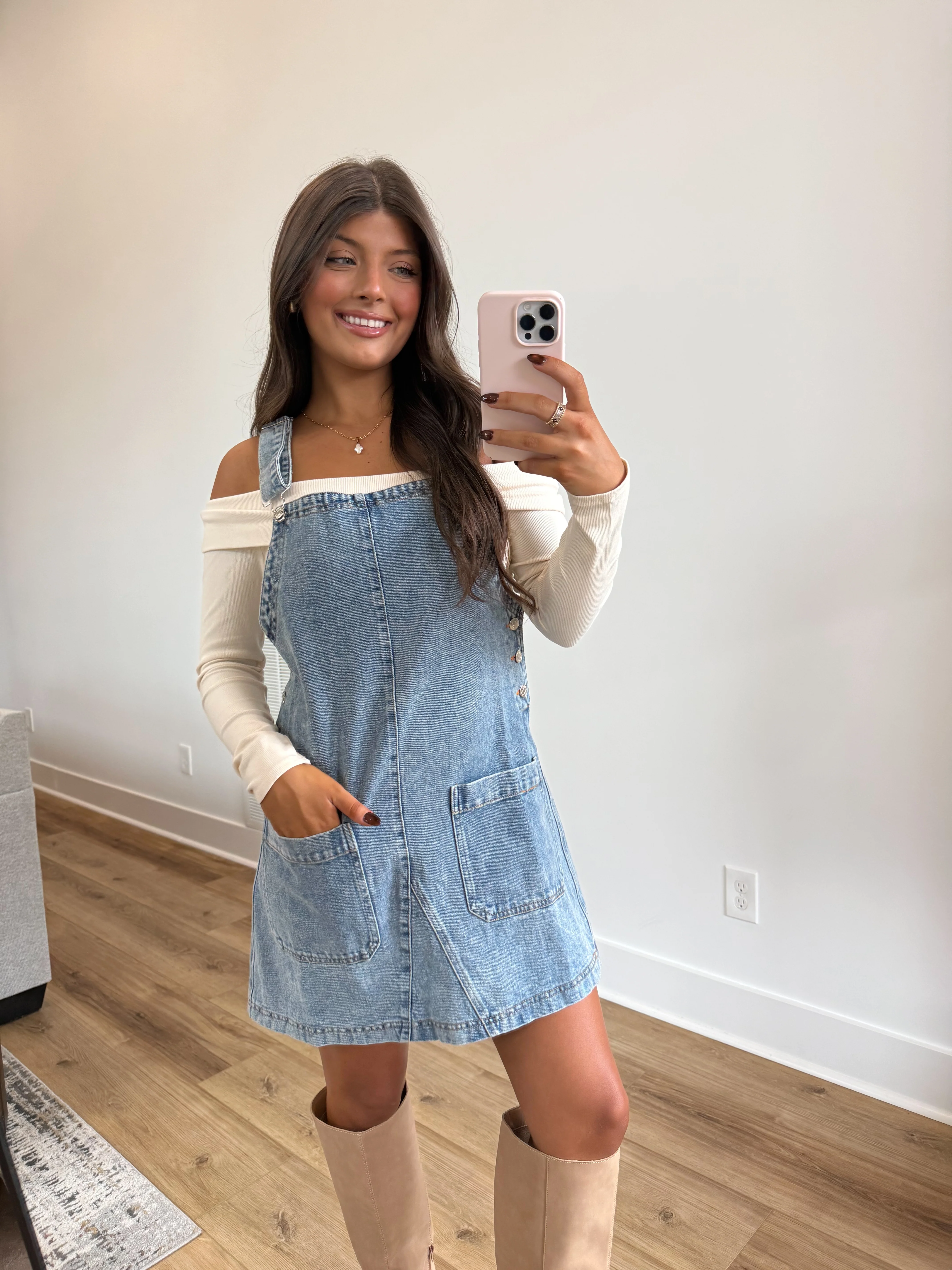 Denim Overall Mini Dress - Image 7