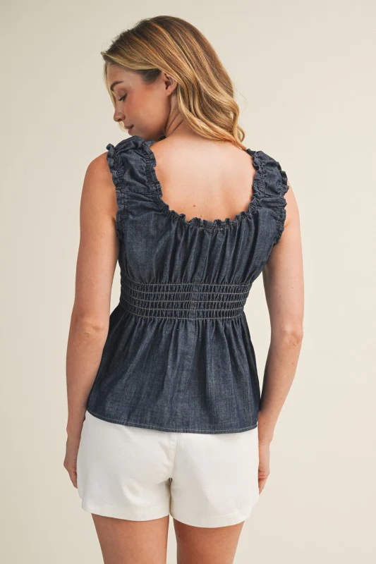 Denim Smocked Peplum Top - Image 10