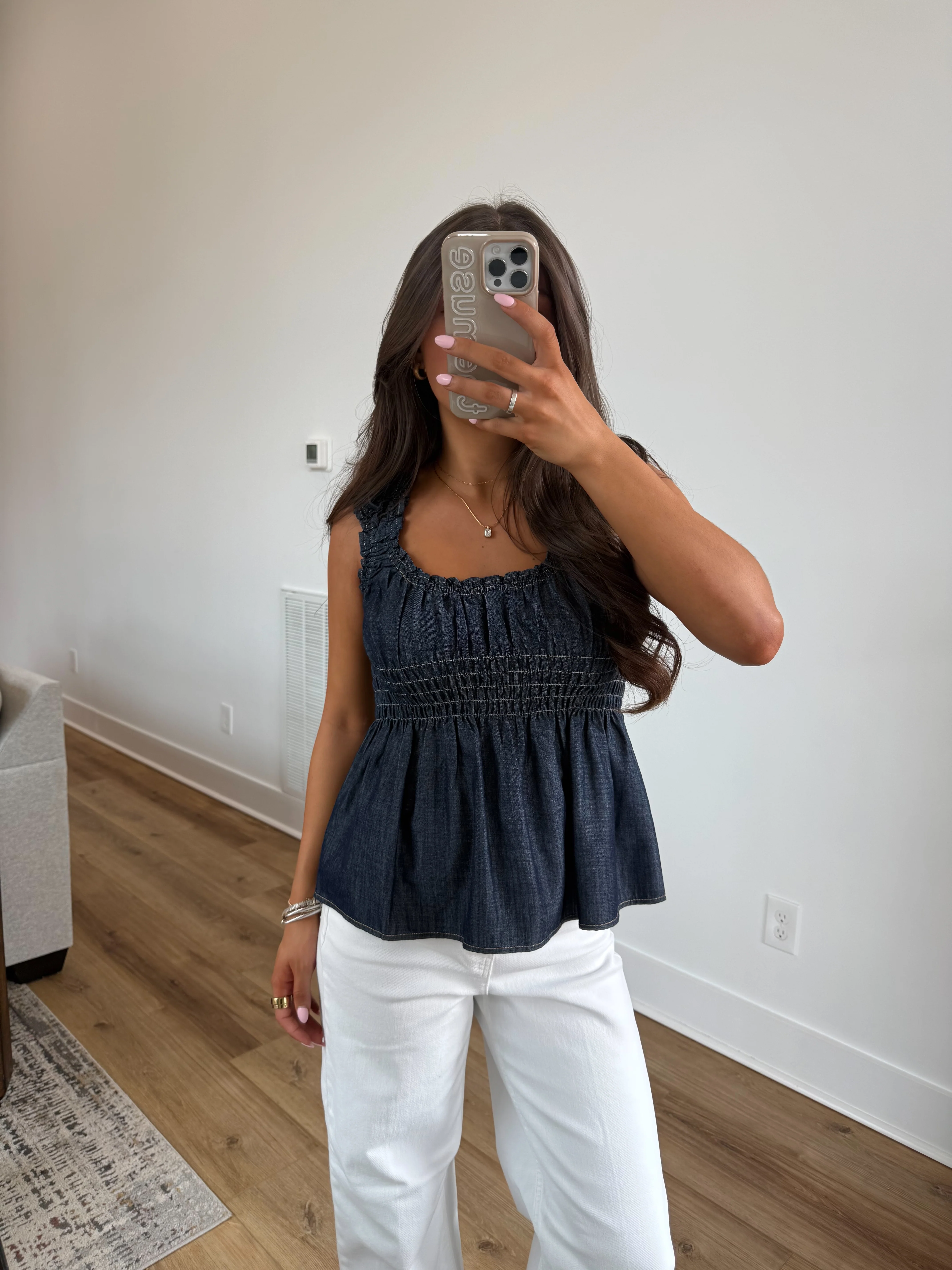 Denim Smocked Peplum Top - Image 2