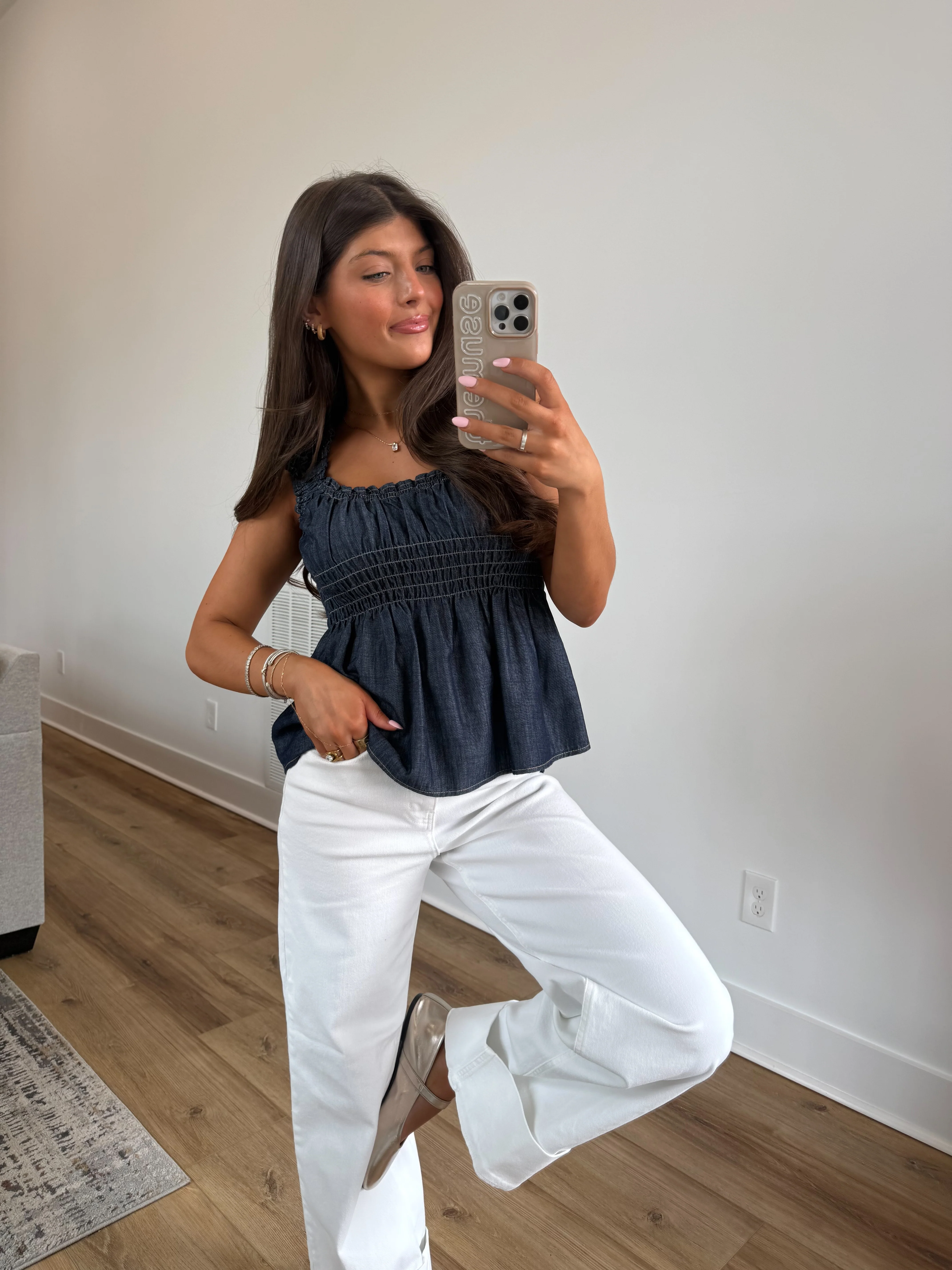 Denim Smocked Peplum Top - Image 3