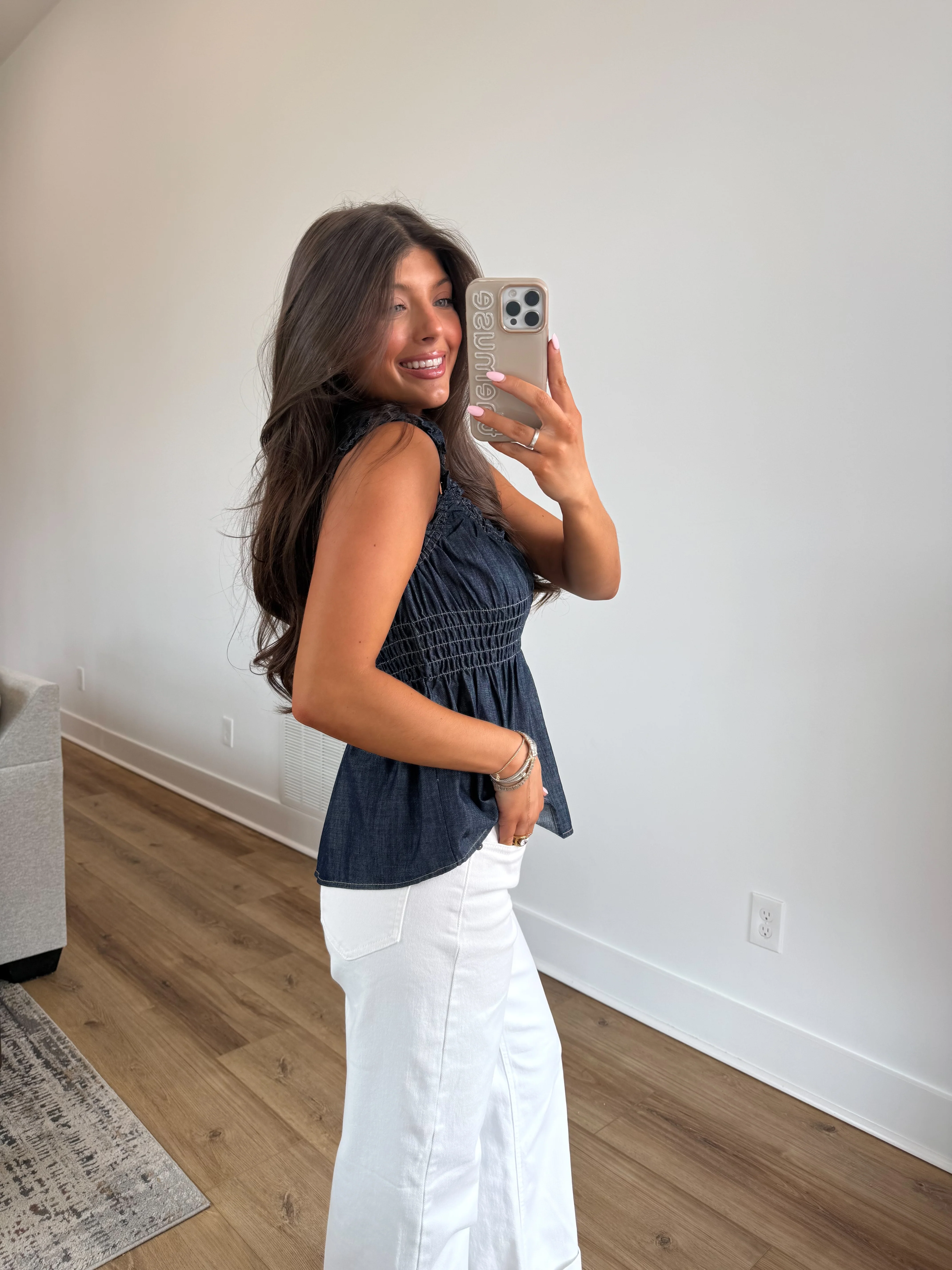 Denim Smocked Peplum Top - Image 4