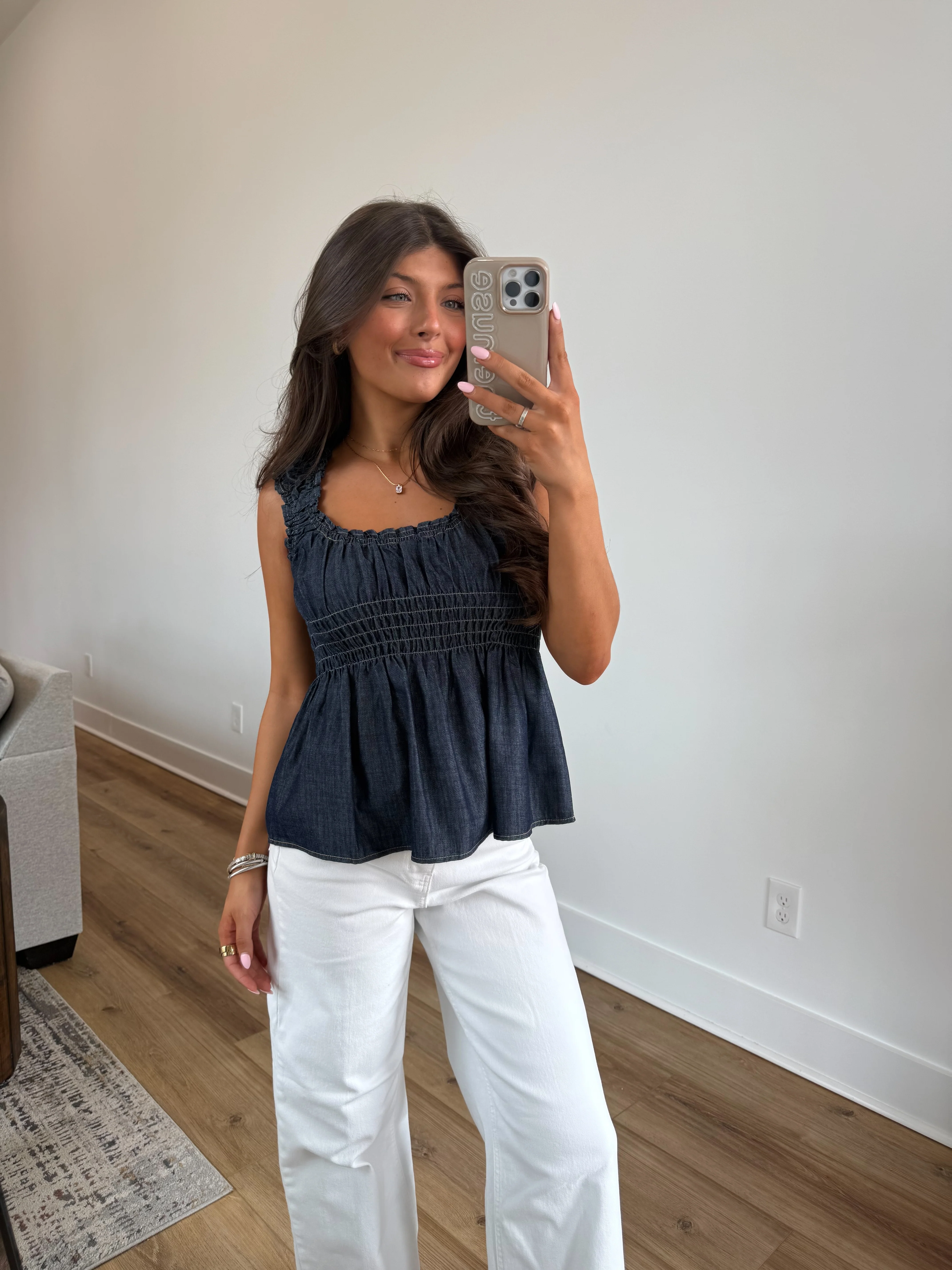 Denim Smocked Peplum Top - Image 5