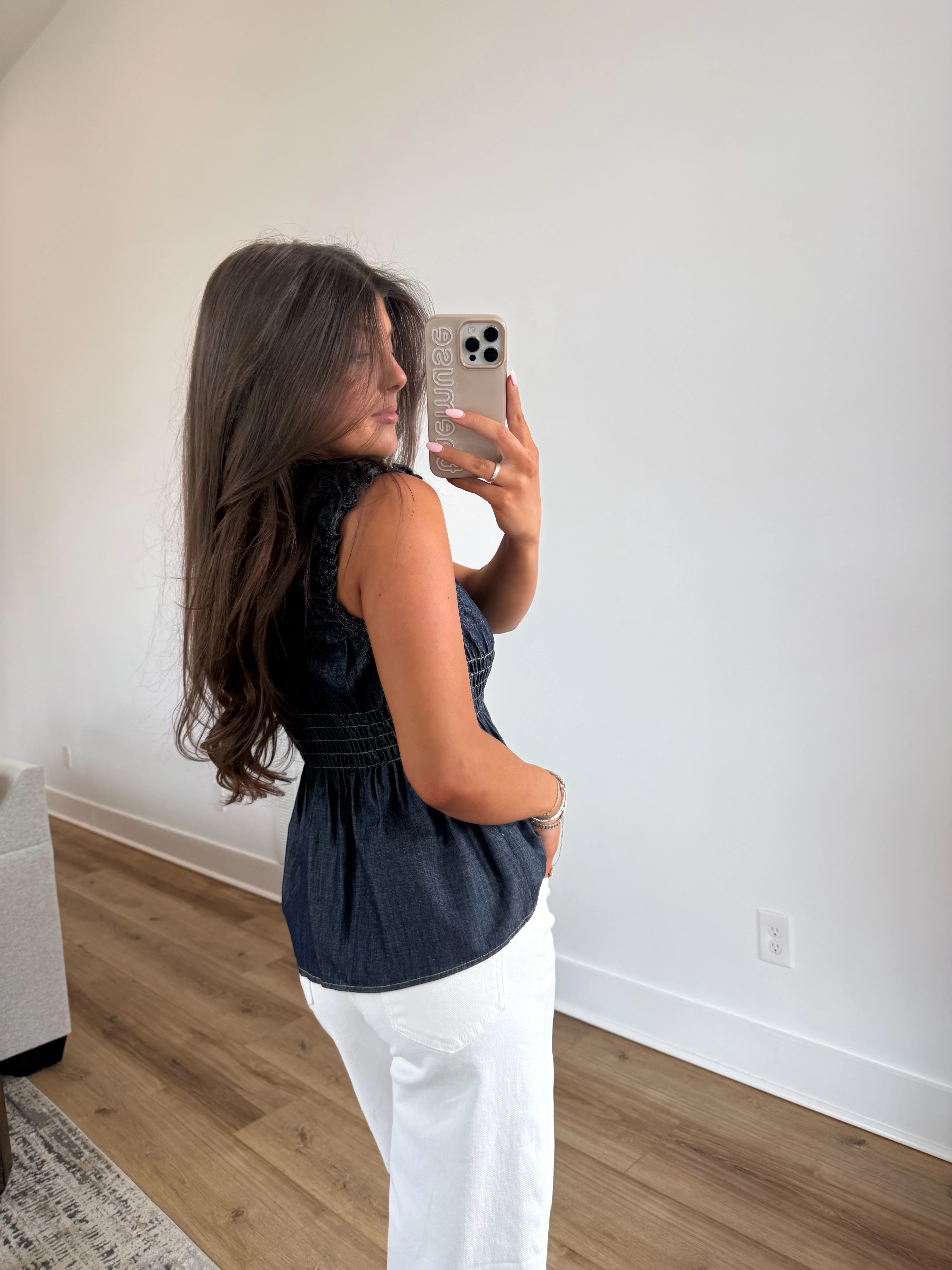 Denim Smocked Peplum Top - Image 6