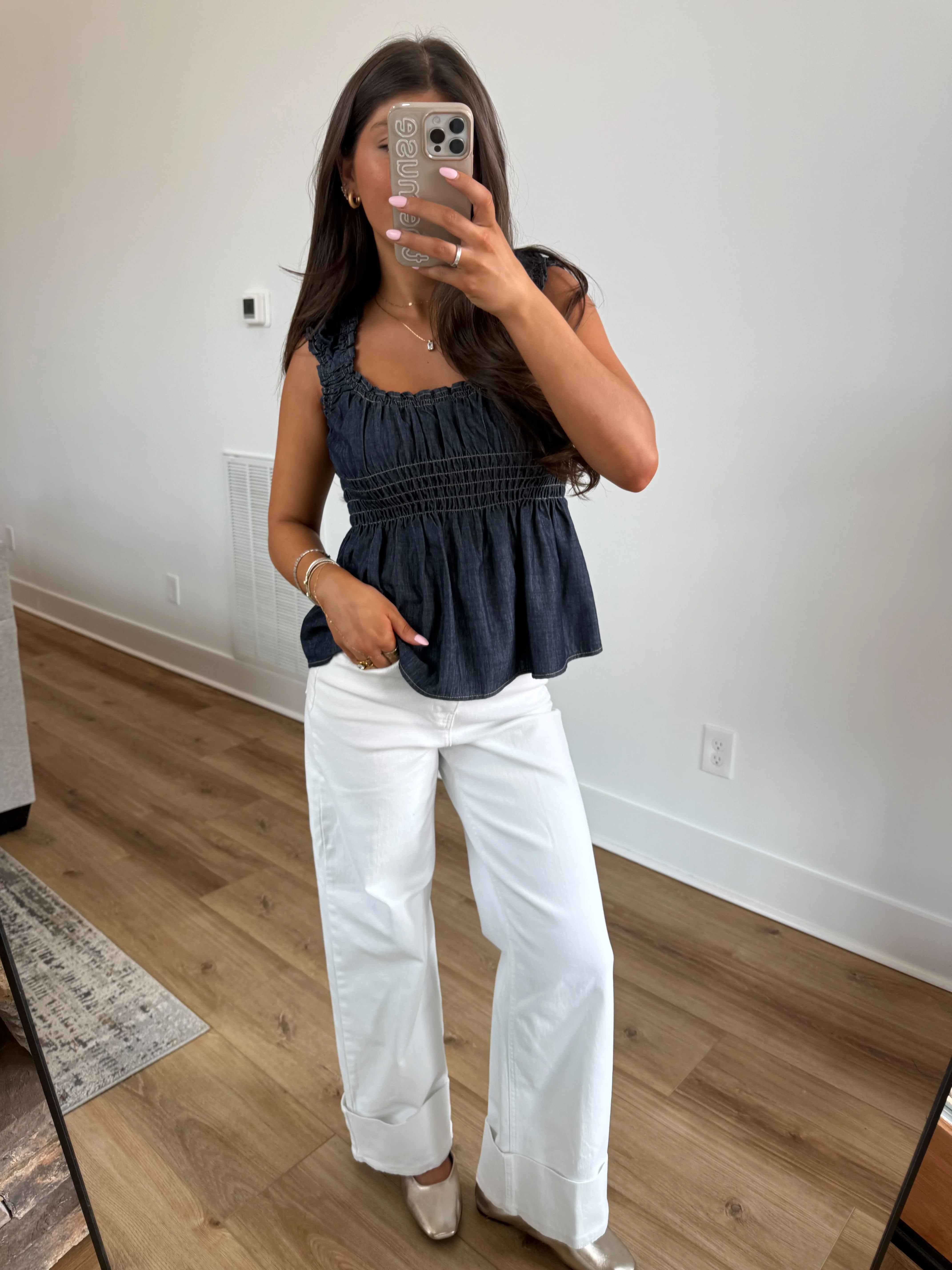 Denim Smocked Peplum Top - Image 7