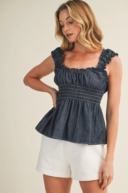 Denim Smocked Peplum Top - Image 8