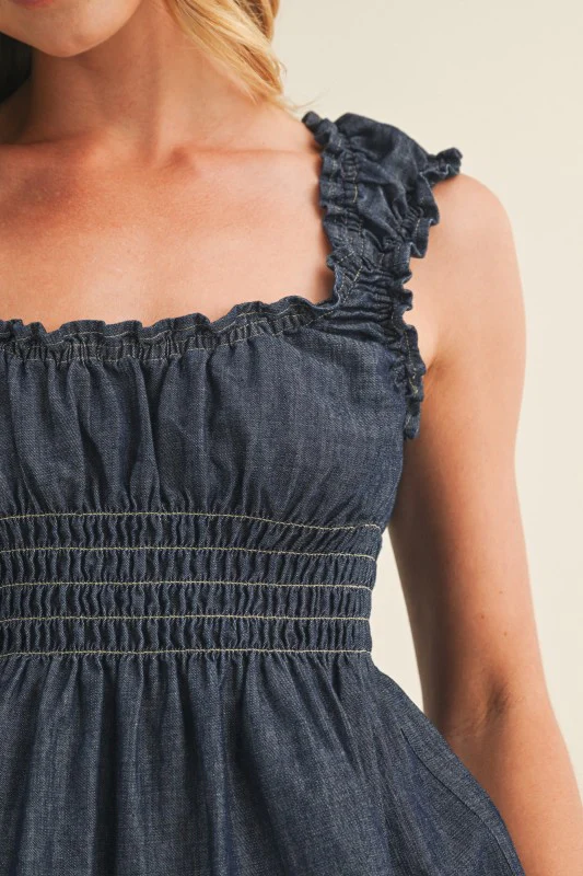 Denim Smocked Peplum Top - Image 9