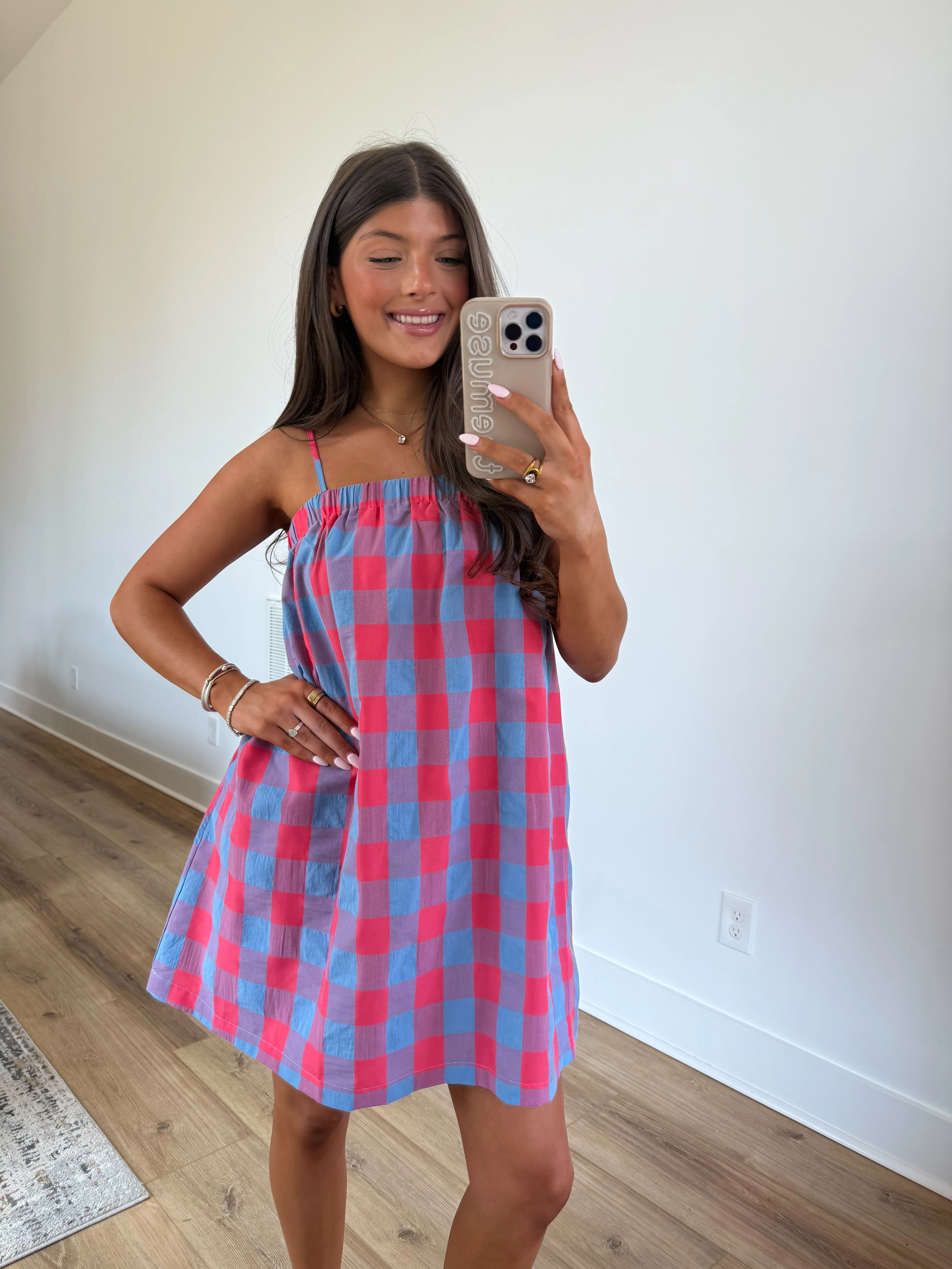 Electric Gingham Mini Dress (Cherry/Blue) - Image 4