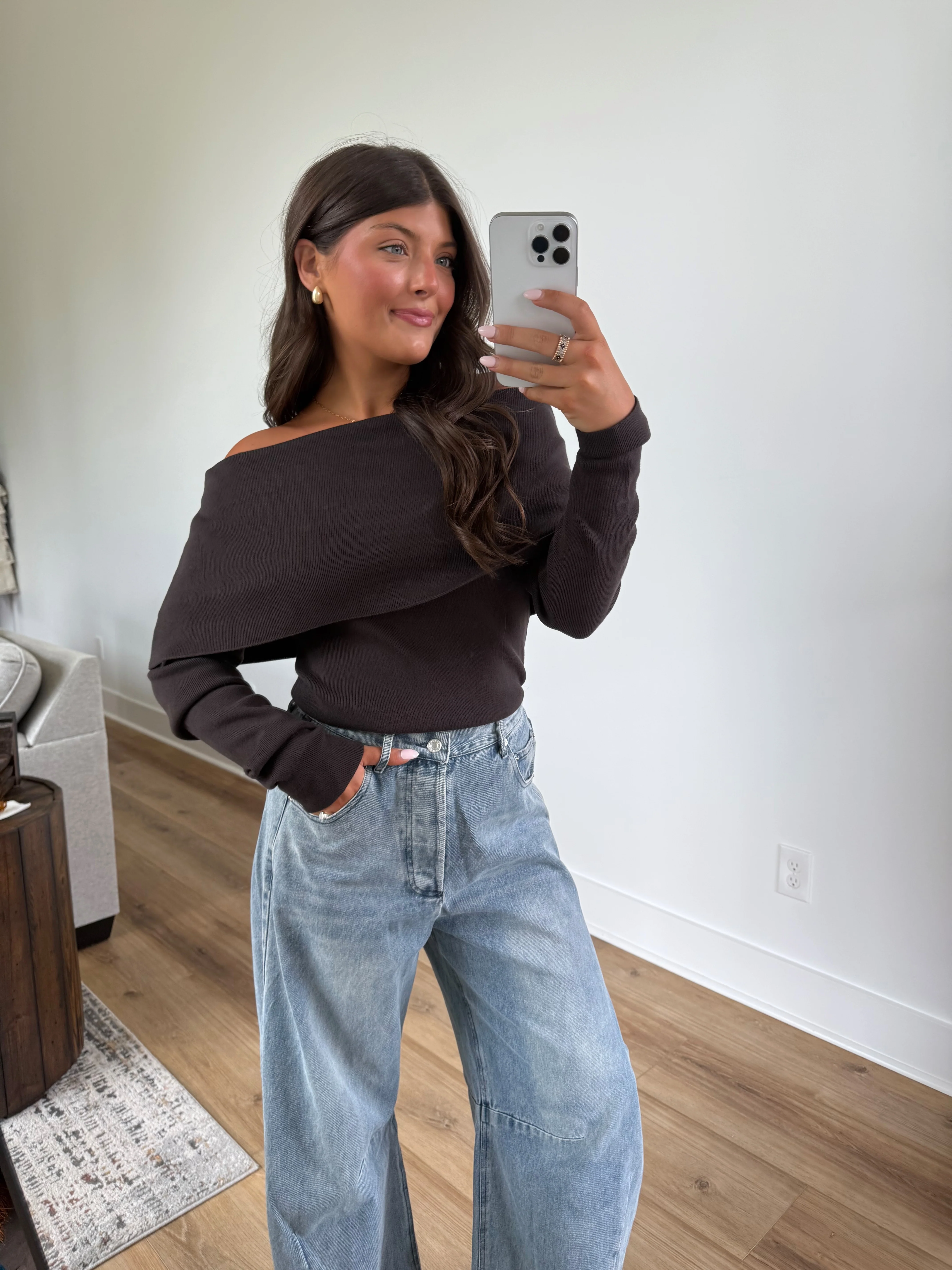 Foldover Off-Shoulder Knit (Coffee Bean) - Image 7