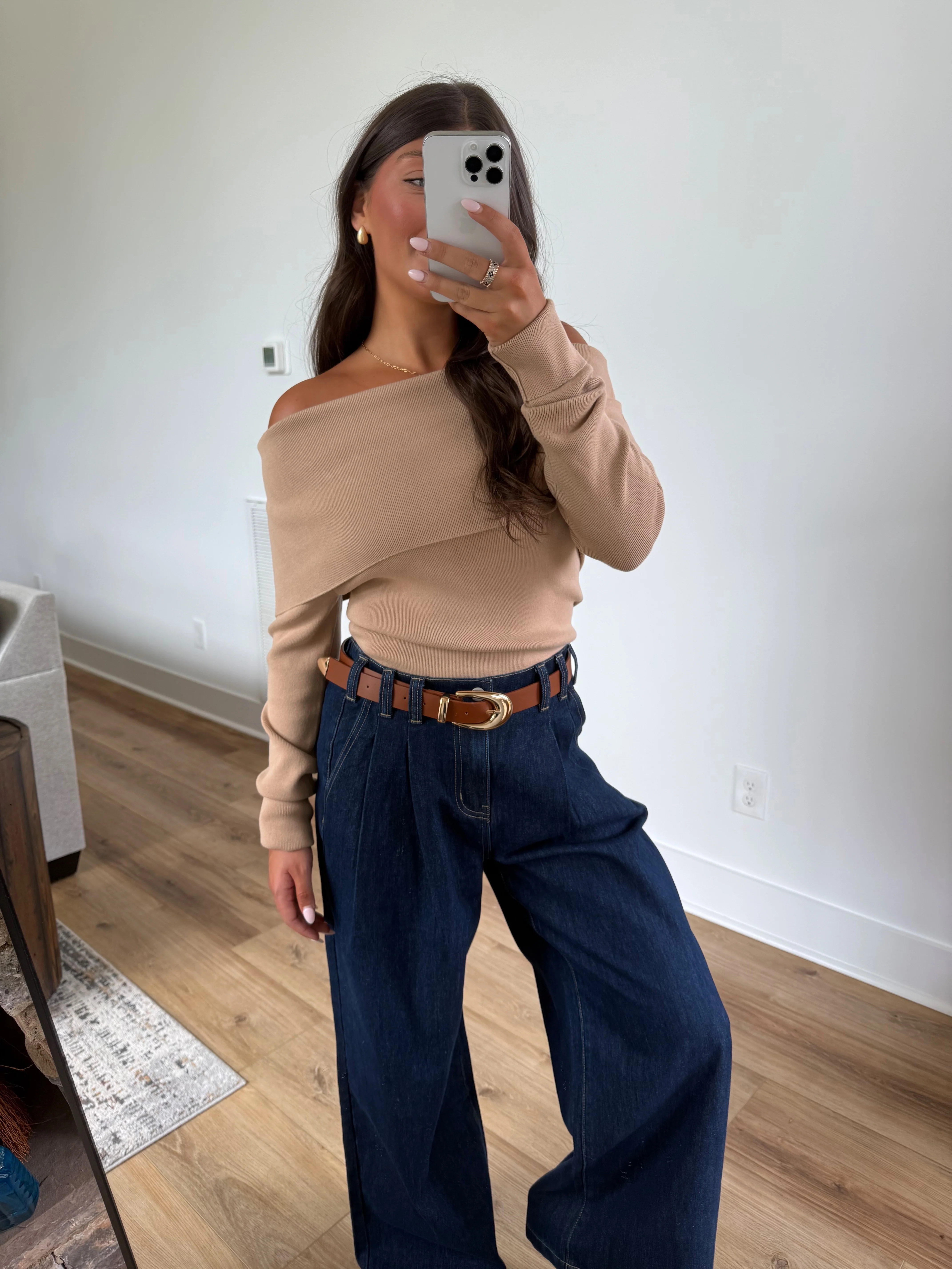 Foldover Off-Shoulder Knit (Tan) - Image 2