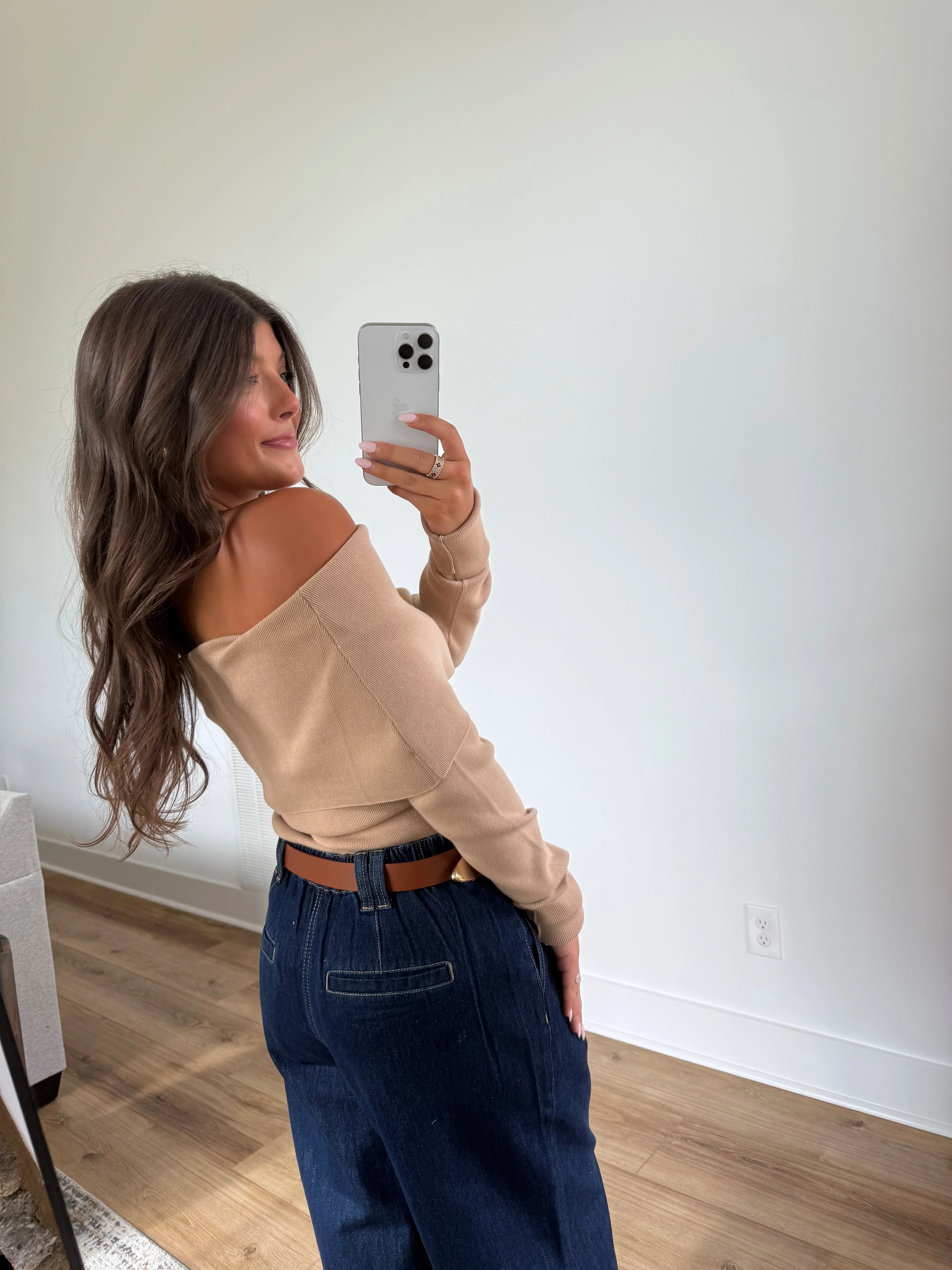 Foldover Off-Shoulder Knit (Tan) - Image 3