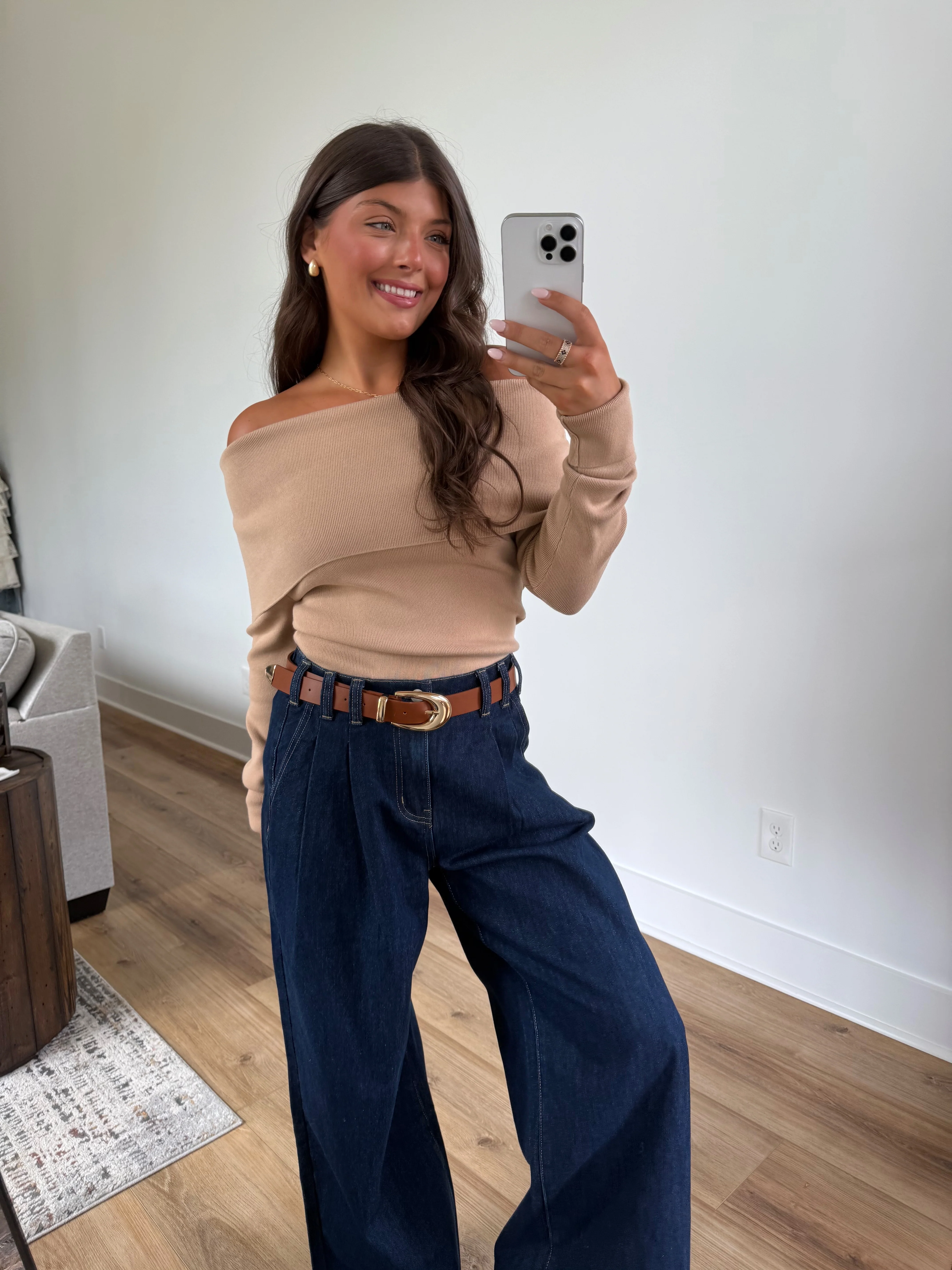Foldover Off-Shoulder Knit (Tan) - Image 4