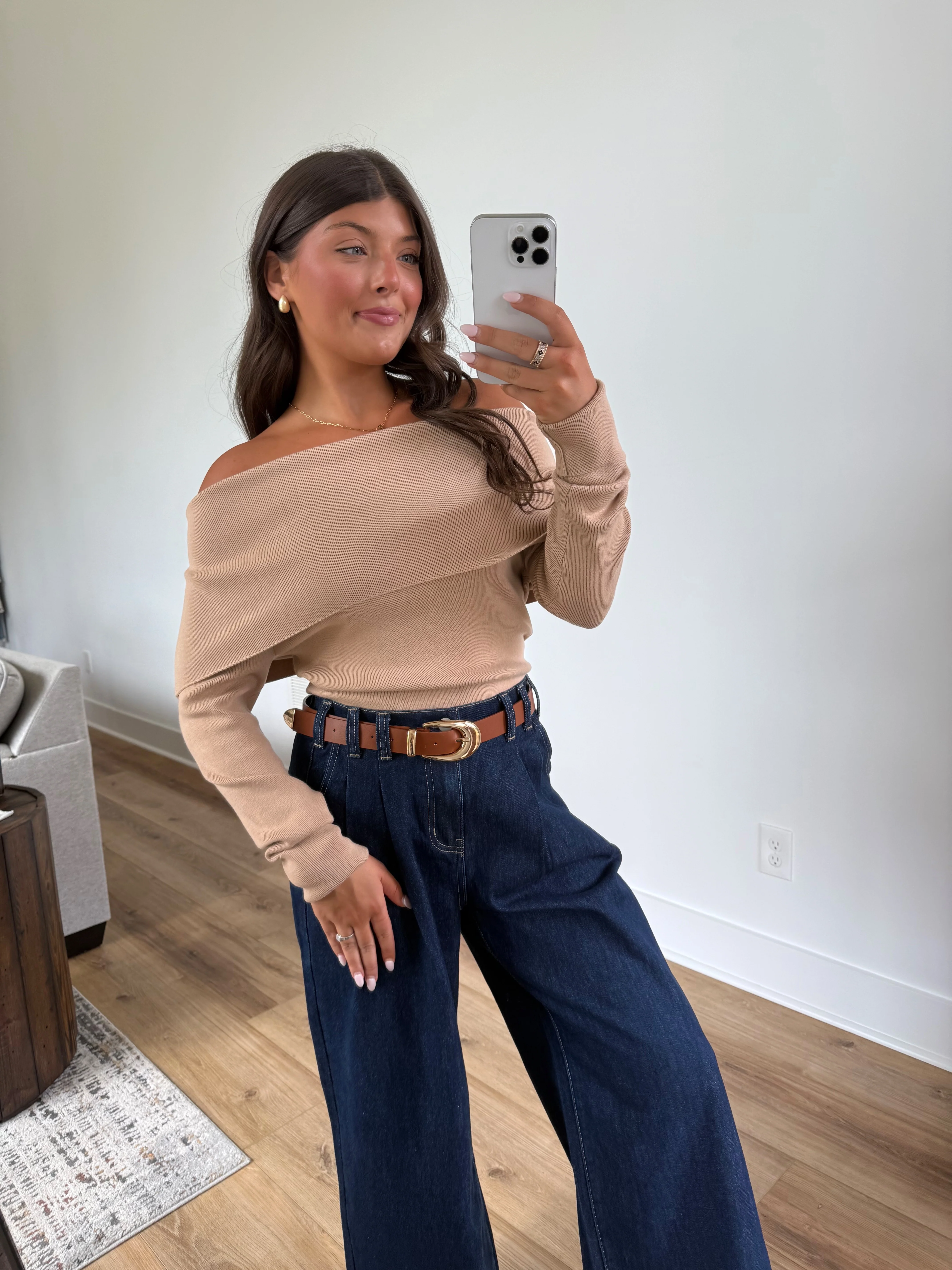 Foldover Off-Shoulder Knit (Tan) - Image 6