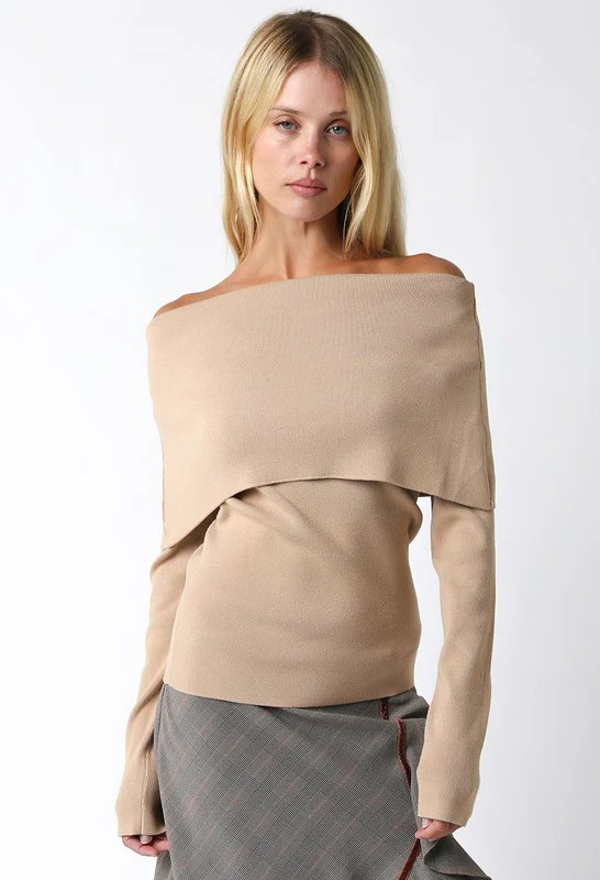 Foldover Off-Shoulder Knit (Tan) - Image 7