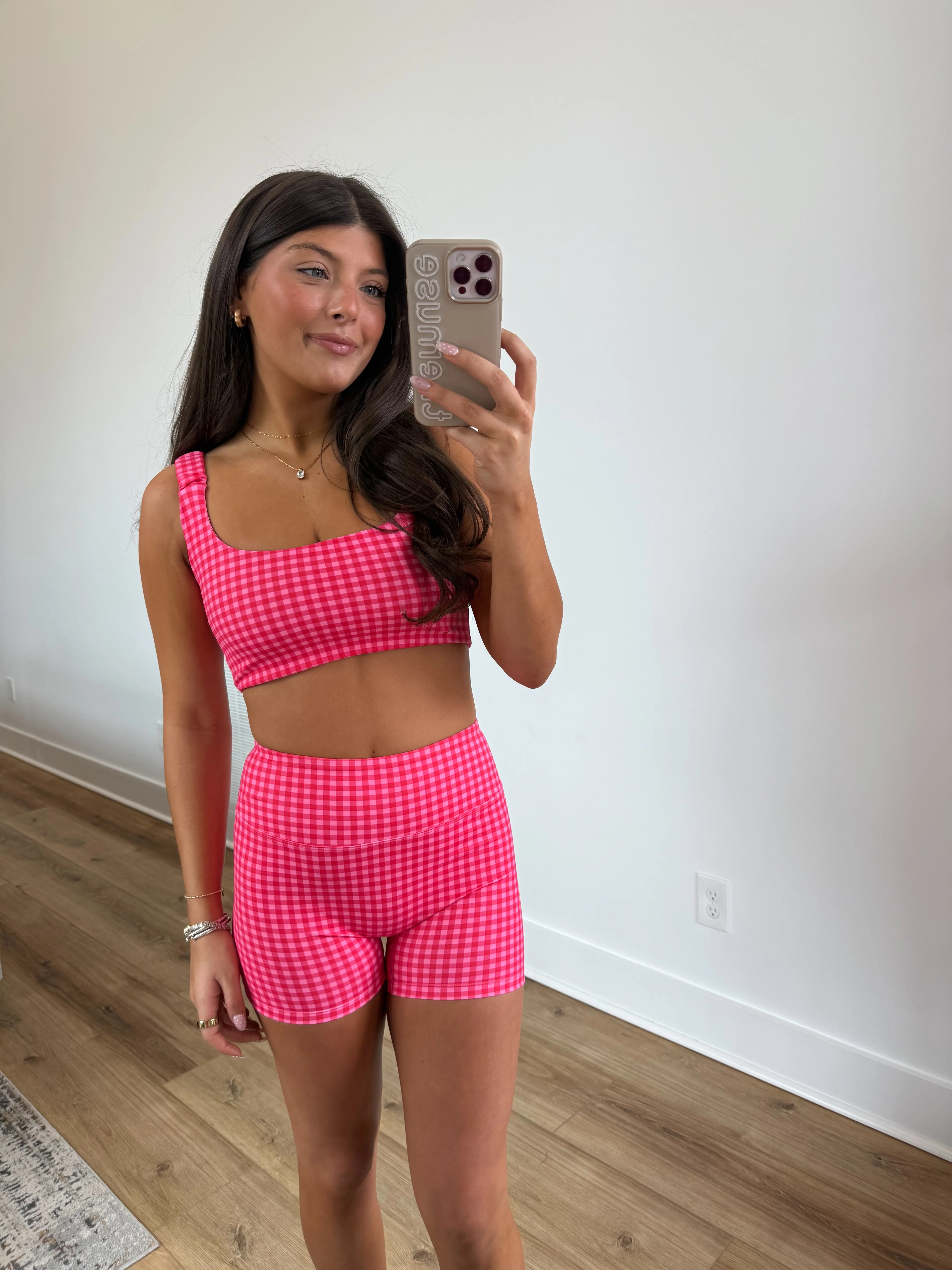 Gingham Biker Biker Shorts SET (Hot Pink) - Image 2