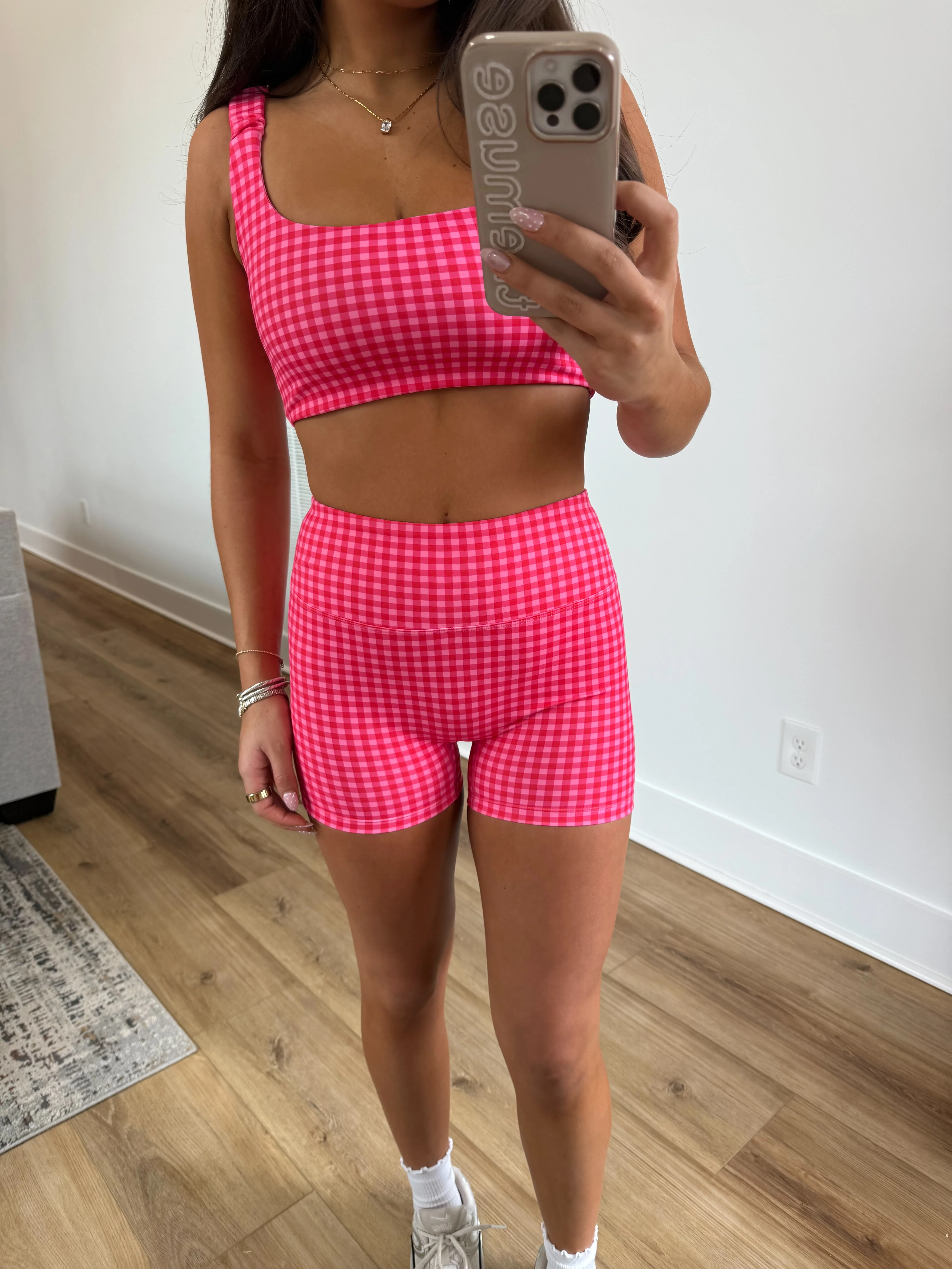 Gingham Biker Biker Shorts SET (Hot Pink) - Image 3