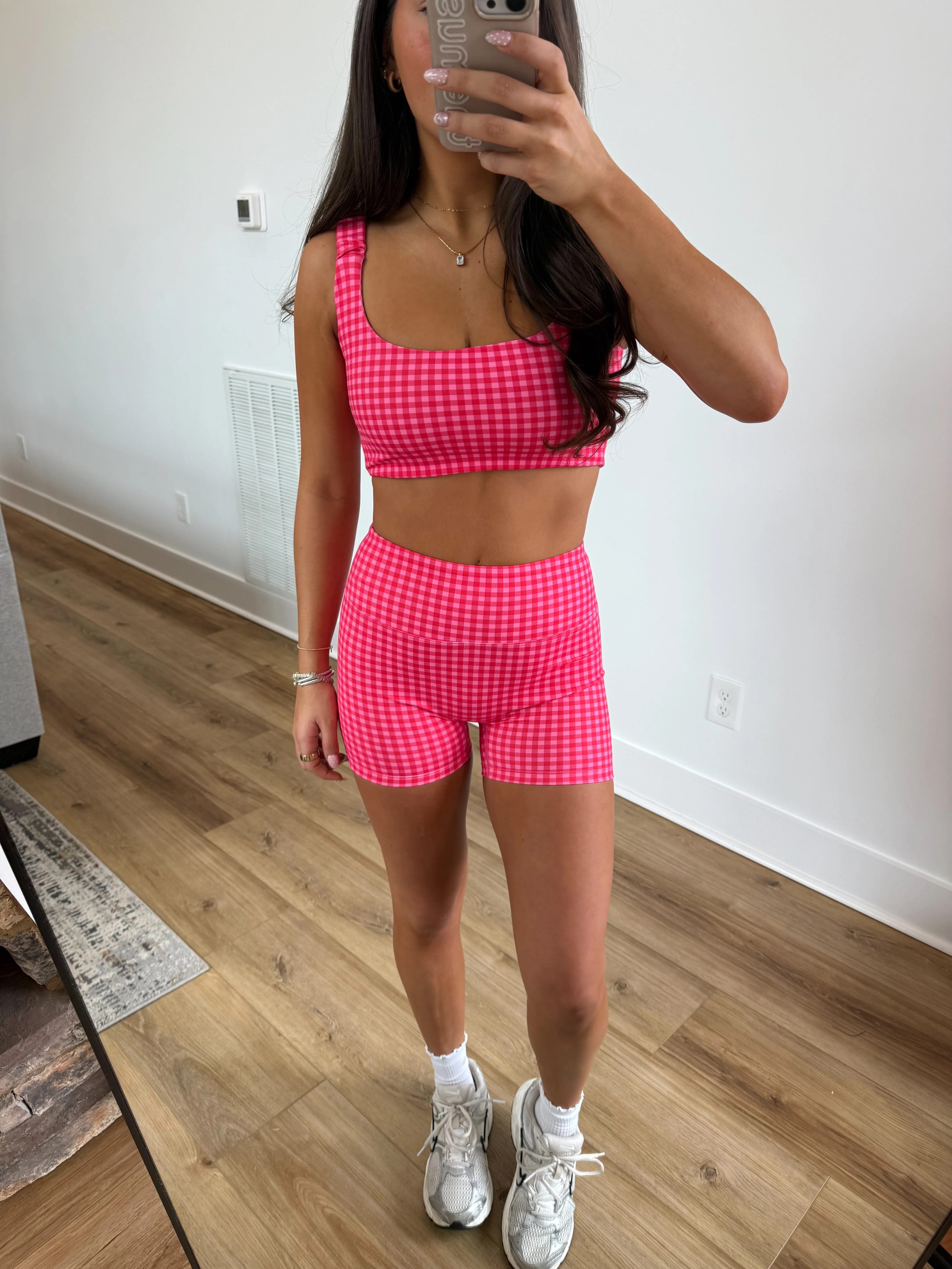 Gingham Biker Biker Shorts SET (Hot Pink) - Image 4