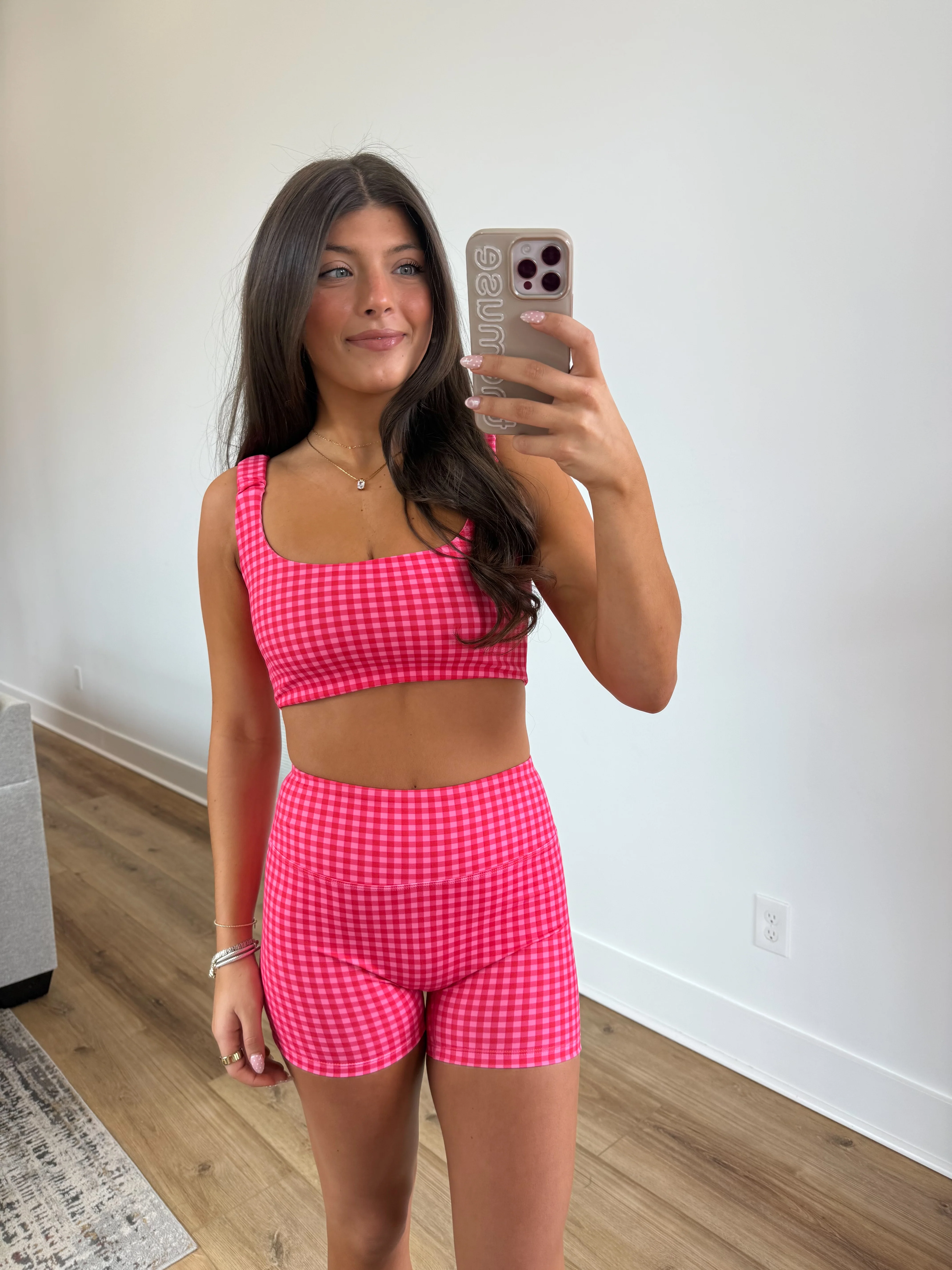 Gingham Biker Biker Shorts SET (Hot Pink) - Image 9