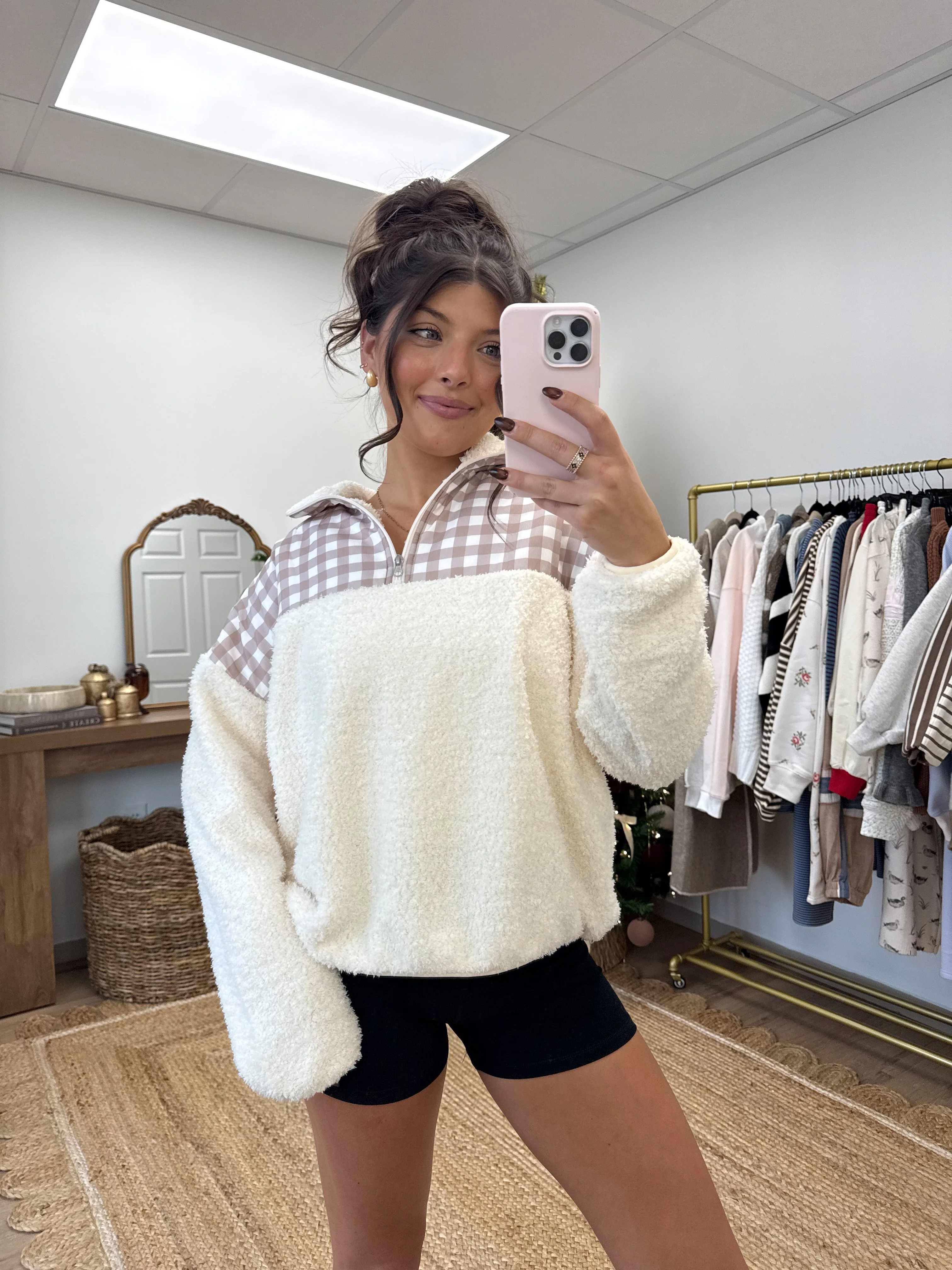 Gingham Sherpa Pullover