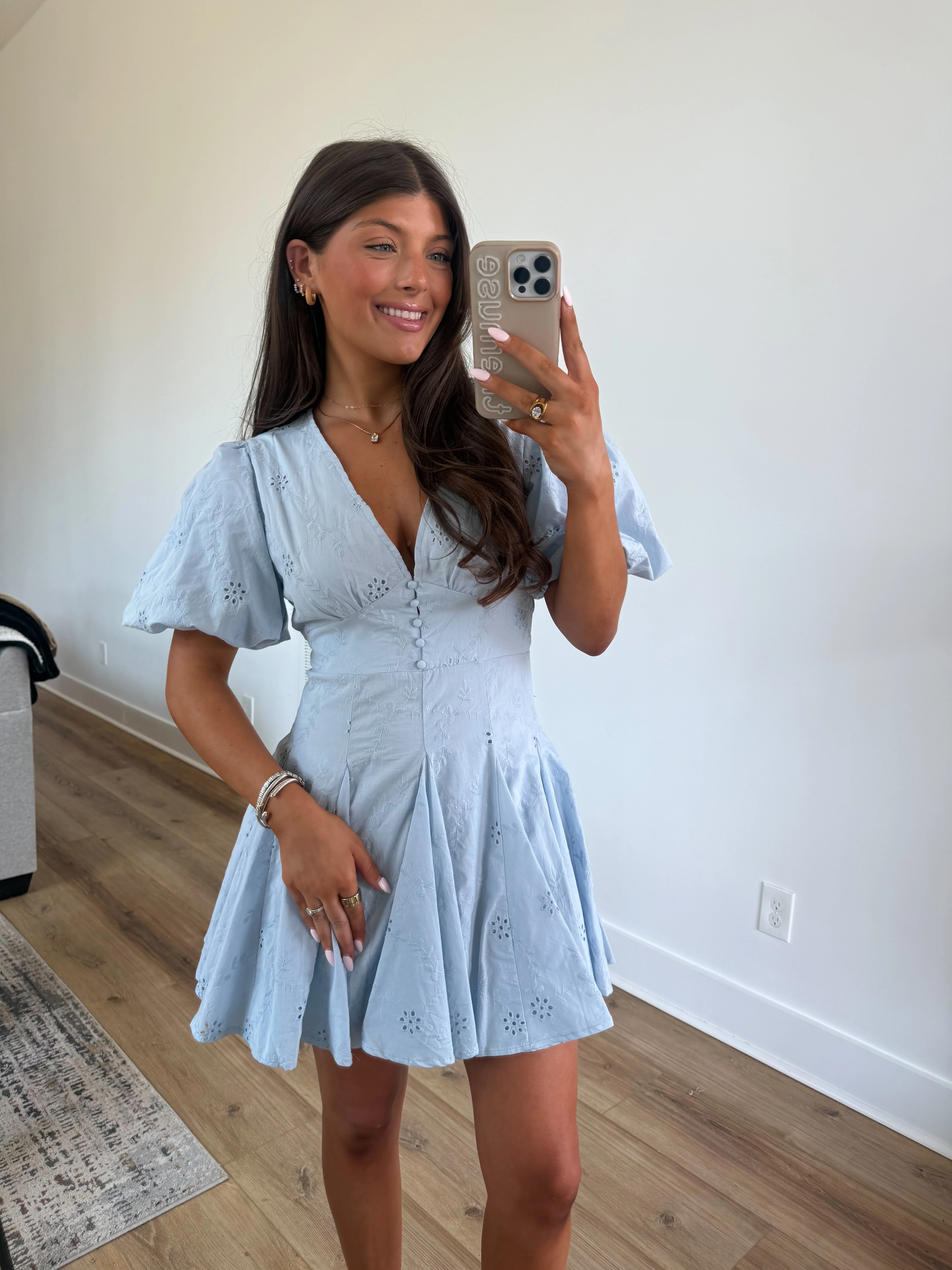 Kyndall Eyelet Mini Dress (Blue)
