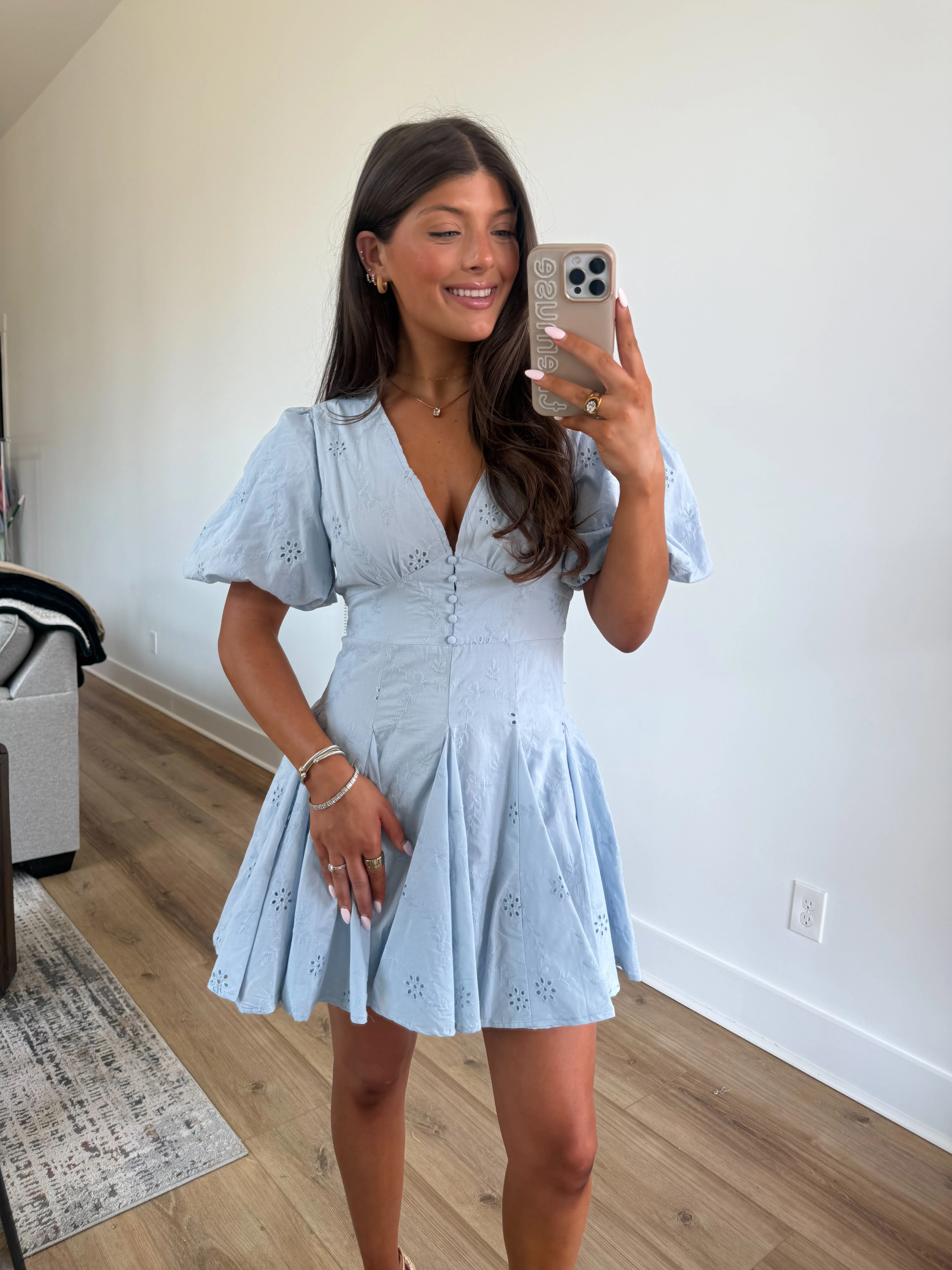 Kyndall Eyelet Mini Dress (Blue) - Image 3