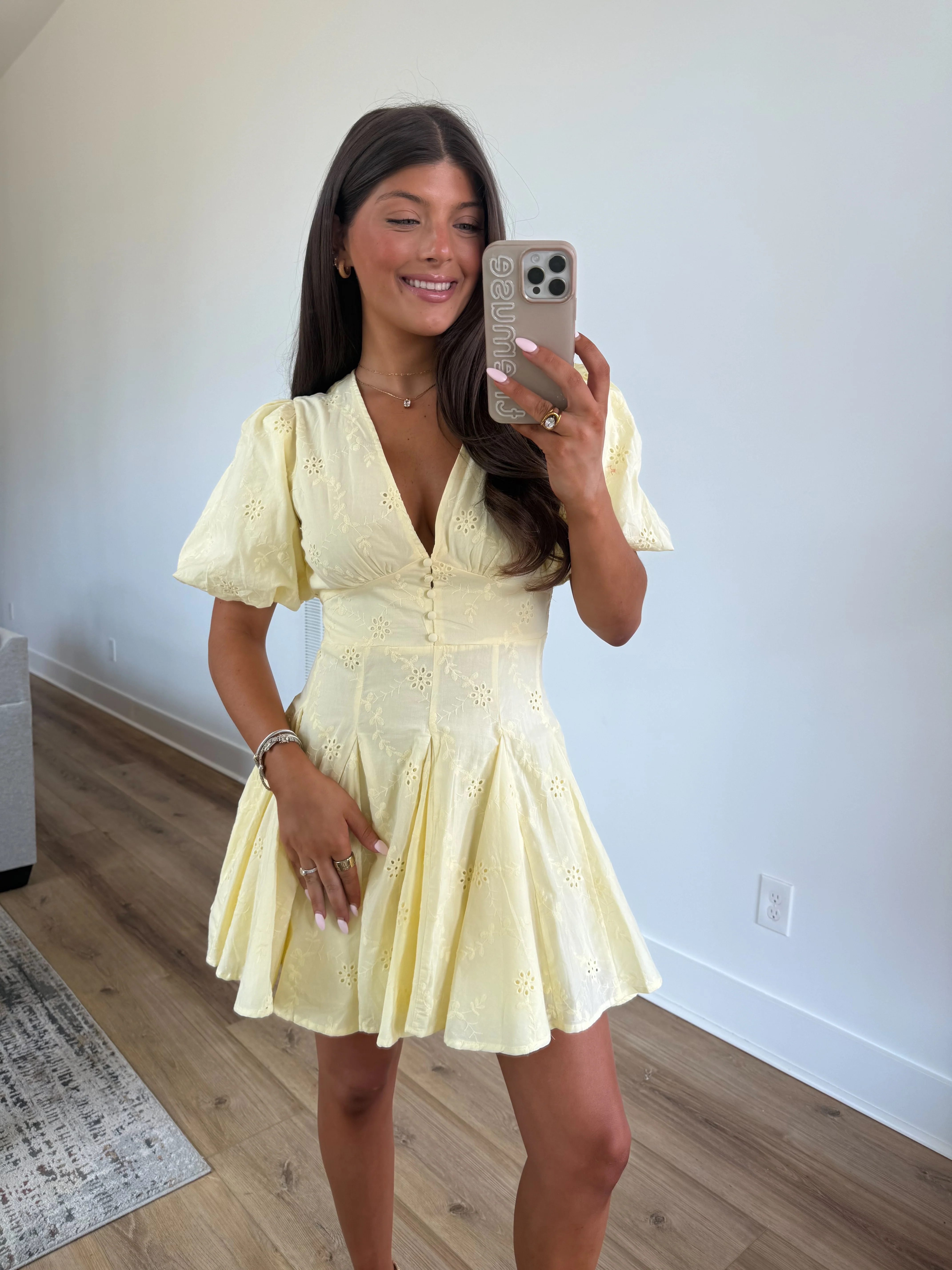 Kyndall Eyelet Mini Dress (Yellow) - Image 2