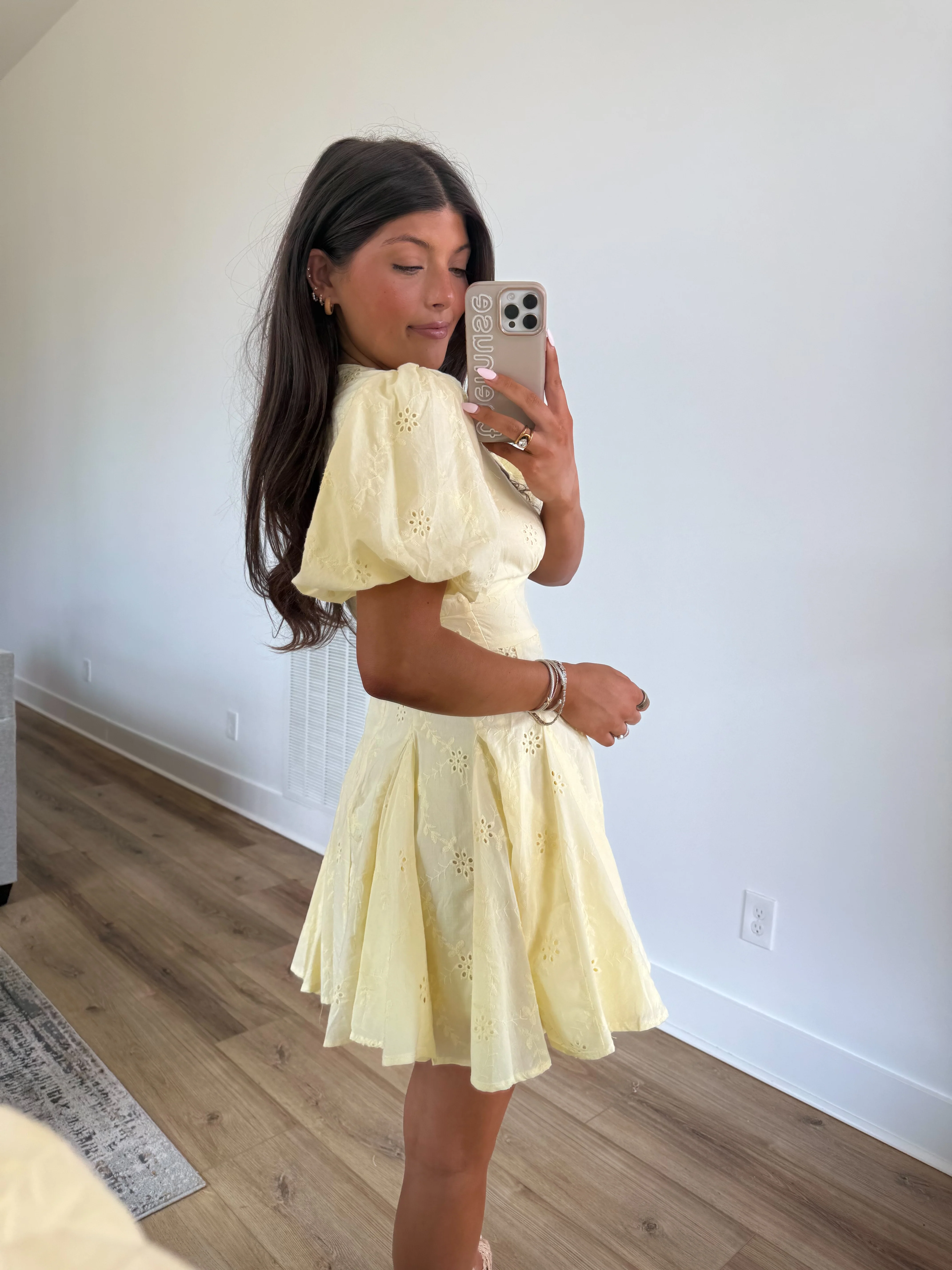 Kyndall Eyelet Mini Dress (Yellow) - Image 3